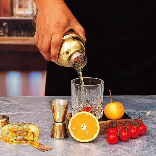 Miniatura 7 de Juego de coctelera de barman, juego de 5 piezas de barra de acero inoxidable para barman profesional y hogar (dorado, 5 piezas)