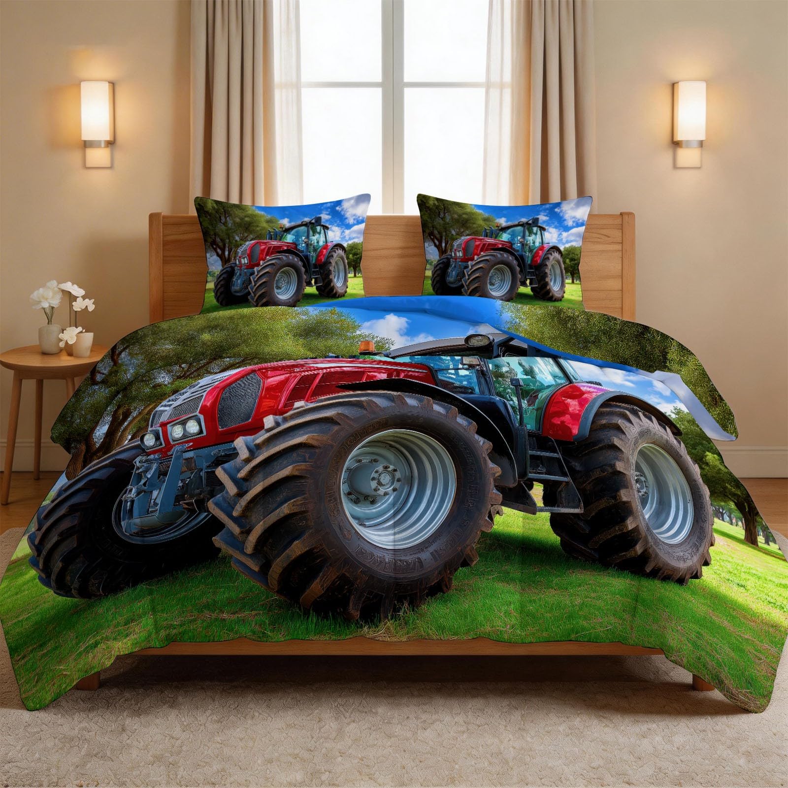 Couette été légère 200x200cm tracteur ferme réversible avec 2 taies 65x65