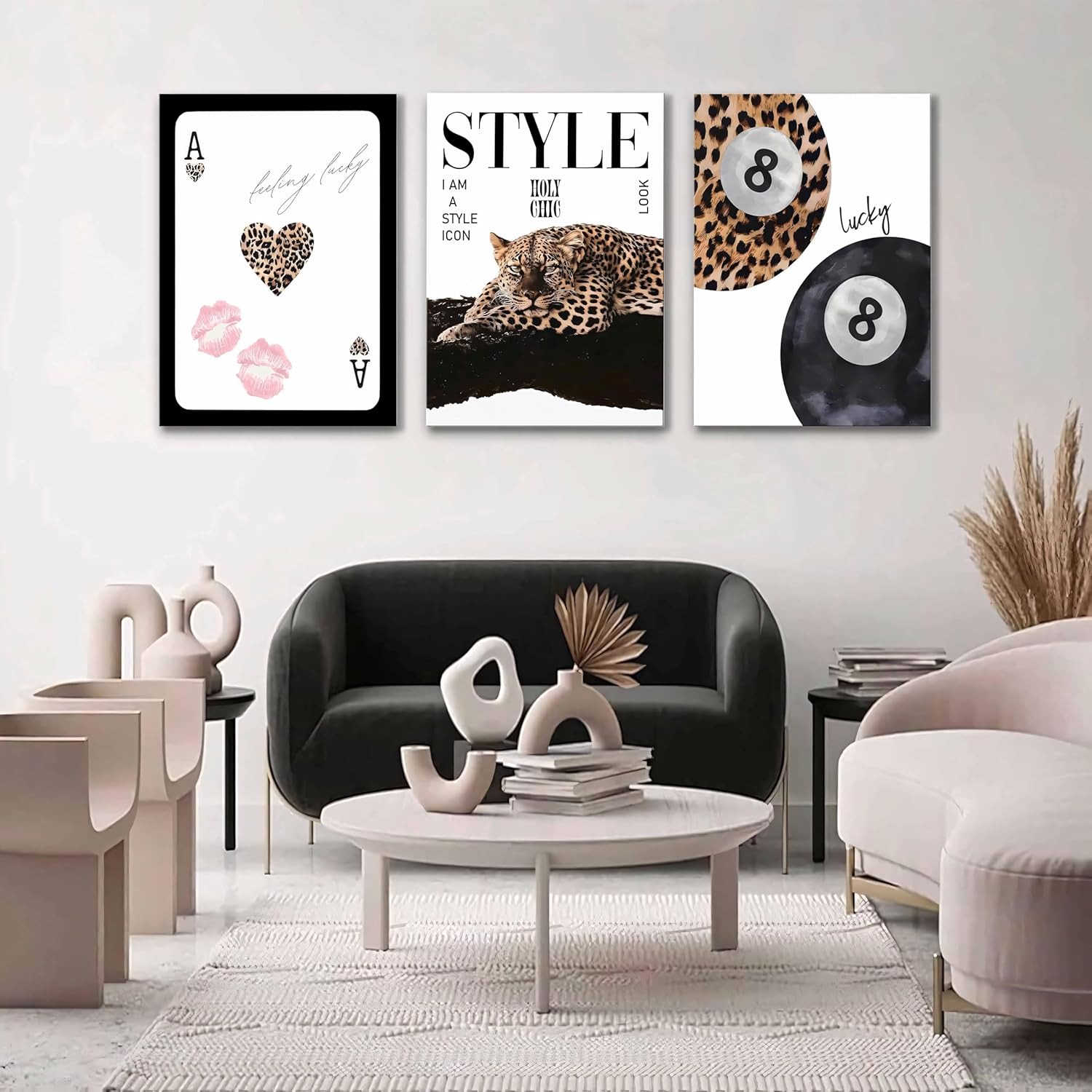 3Pcs Trendy Leopard Wall Art Canvas,Vintage Preppy Aesthetic Stylish Leopard skateboard Funky Lucky 8Ball Cheetah Artwork Posters Print for Bedroom Living Room Bathroom Decoration12X16in Framed