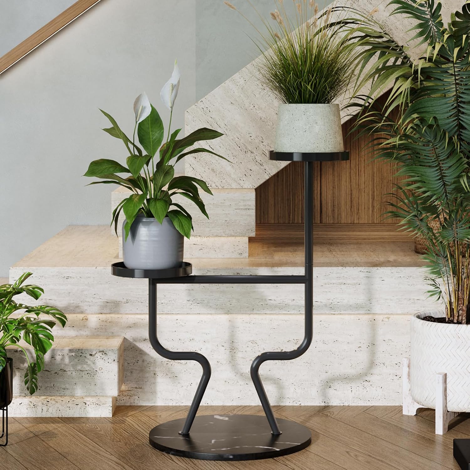 Modern Metal Plant Stand Indoor, 2-Tier Flower Holder with Marble Base, Tall Tiered Planter Shelf for Living Room, Balcony, Office, Stable Iron Plant Display Rack (Black)