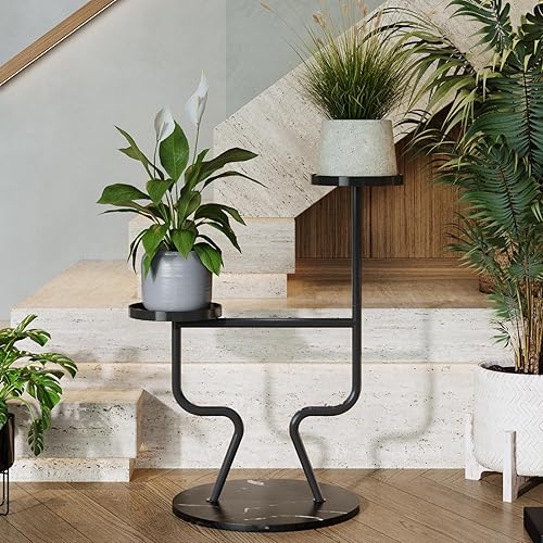 Moderno soporte de metal para plantas de interior, soporte de flores de 2 niveles con base de mármol, estante alto para macetas de niveles para sala