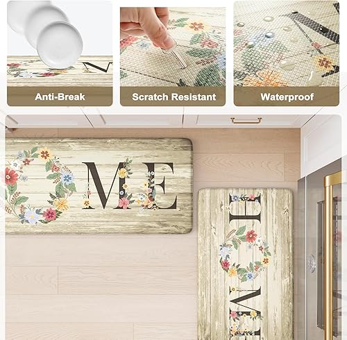 Miniatura 6 de KIMODE Kitchen Floor Mats Cushioned Anti Fatigue,Farmhouse Floral Rugs Sets of 2,Memory Foam Carpet Non Slip,Long Sink Runner for Bathroom Laundry