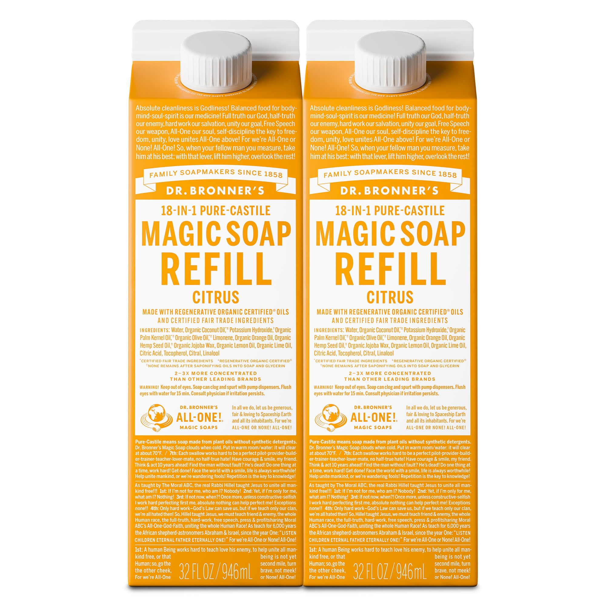 Dr Bronners Magic Soap-Pure-Castile Liquid Refill Citrus 32 ounce 2-Pack - Made with Regenerative Organic Certified Oils For
