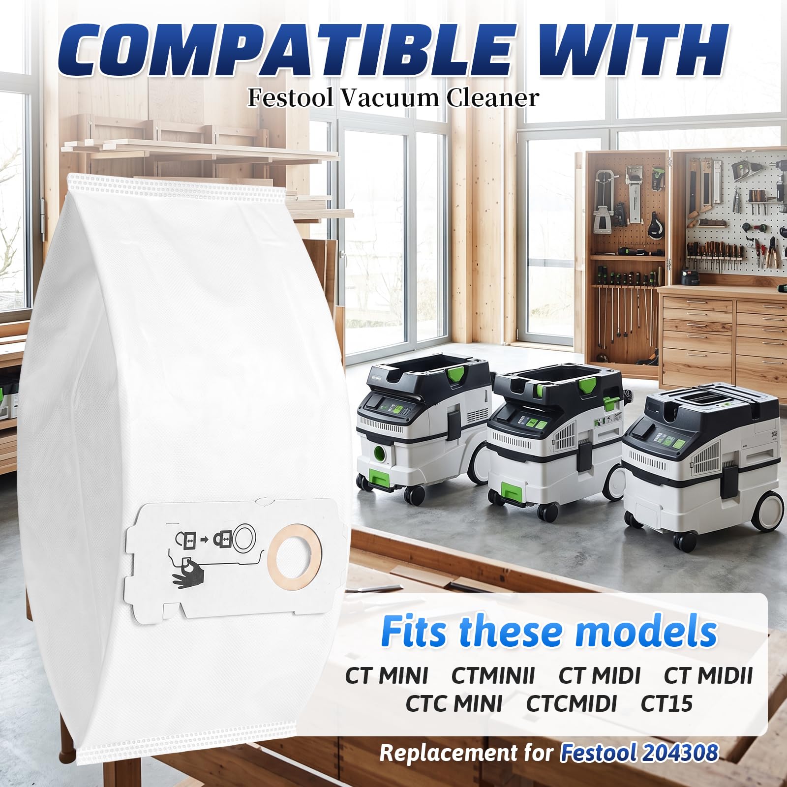12 sztuk worków filtrujących SELFCLEAN SC-FIS-CT MINI/MIDI-2/5, kompatybilne z workami Festool CT Mini/CT Midi/CT Midi I/CTC Mini/Midi/CT 15, od roku produkcji 2019