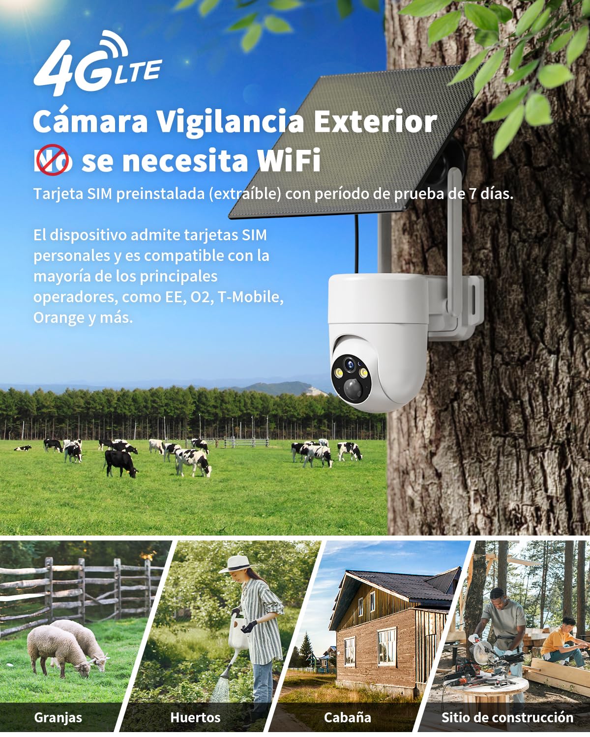 SEHMUA 4G LTE Camara Vigilancia Exterior con Panel Solar, 2K PTZ Cámara Vigilancia con Tarjeta Sim, Detección Humana PIR, Visión Nocturna, IP66 Impermeable, PTZ 355°/90°, Audio de Dos Vías