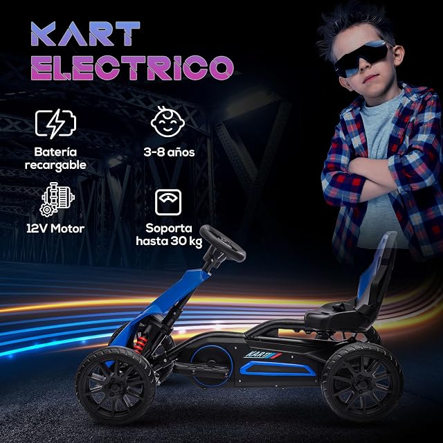Foto 3 de 8 de HOMCOM Go Kart Coche Eléctrico para Niños 3-8 Años 12V 100x58x58,5 cm Azul
