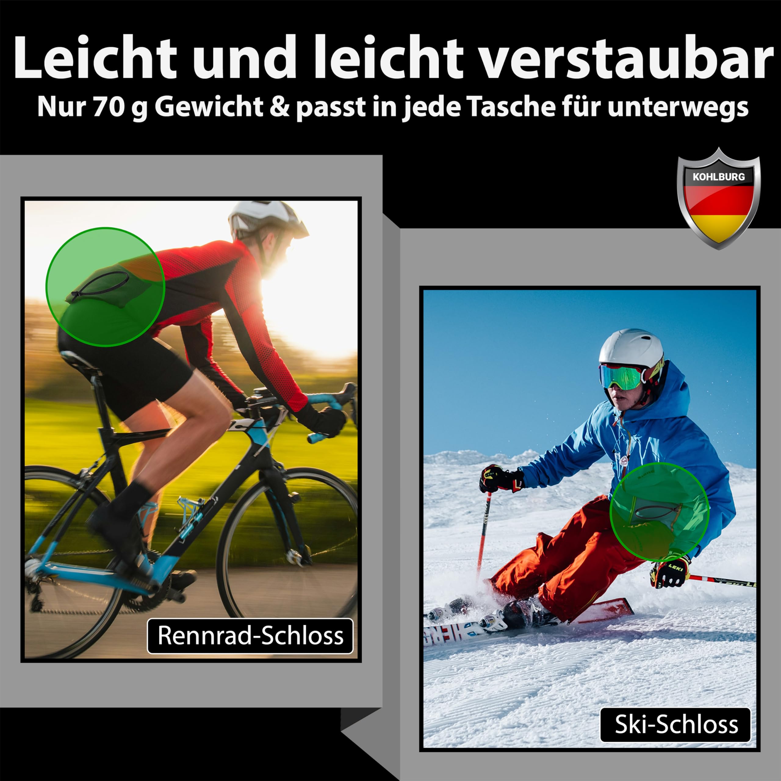 KOHLBURG extrem leichtes Zahlenschloss - 70g leicht mit Zahlencode - 50cm Fahrradschloss klein und sicher - Kabelbinder Schloss auch für Rennrad Scooter Roller - Helmschloss Skischloss & Kinderschloss