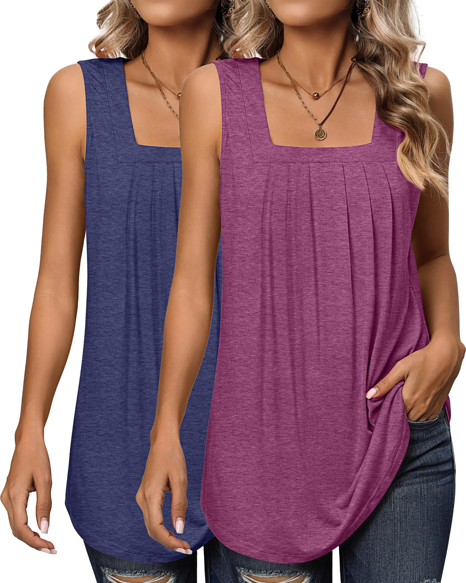 Huukeay 2 Pcs Women's Sleeveless Tank Tops, Loose Fit Blouse Tops Pleated Square Neck Tank Shirts with Curved Hem