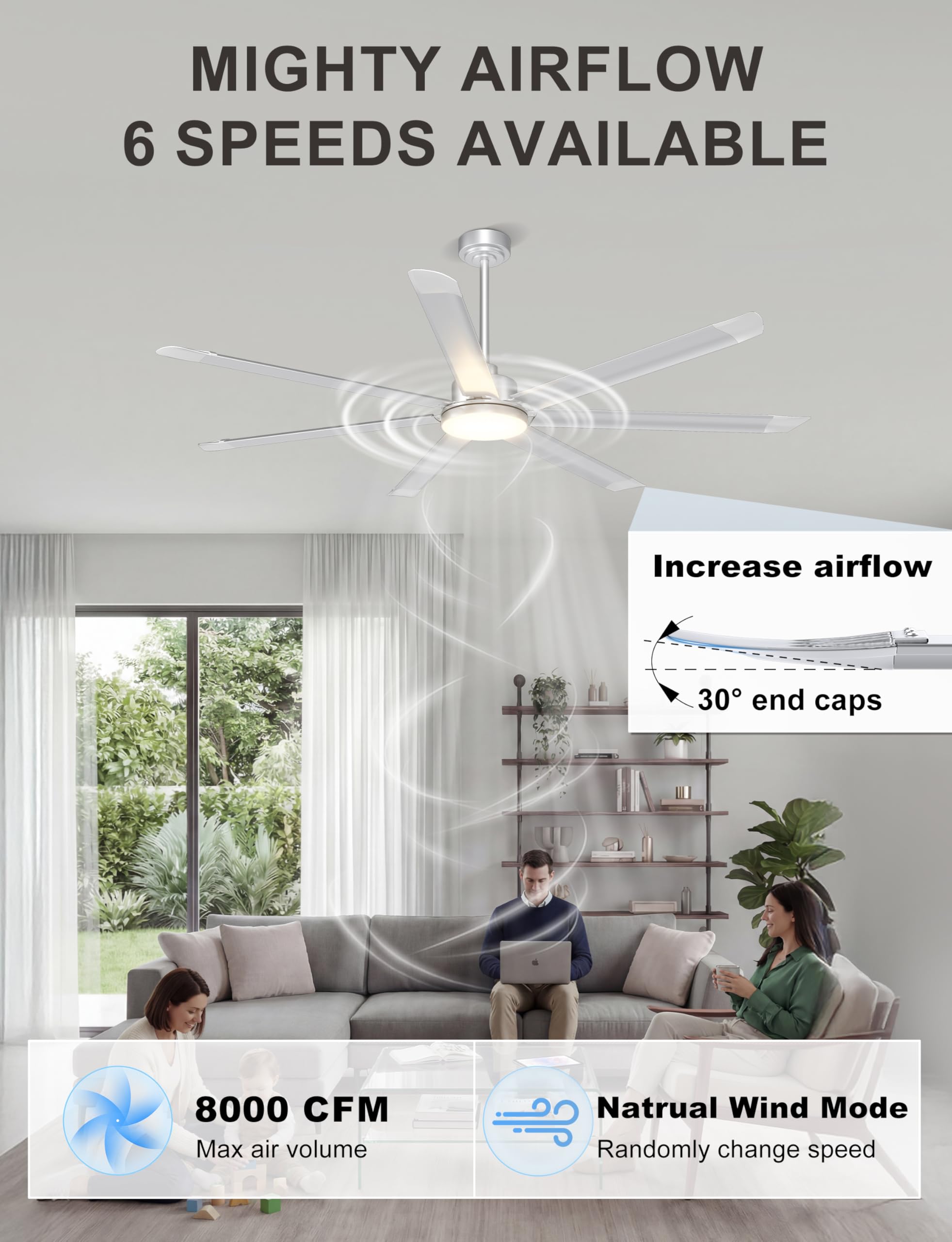Ohniyou Ventilatore da soffitto da 182 cm con luce, grande ventilatore da soffitto industriale con telecomando/app, 7 pale in alluminio, motore DC silenzioso per terrazze esterne, garage, argento