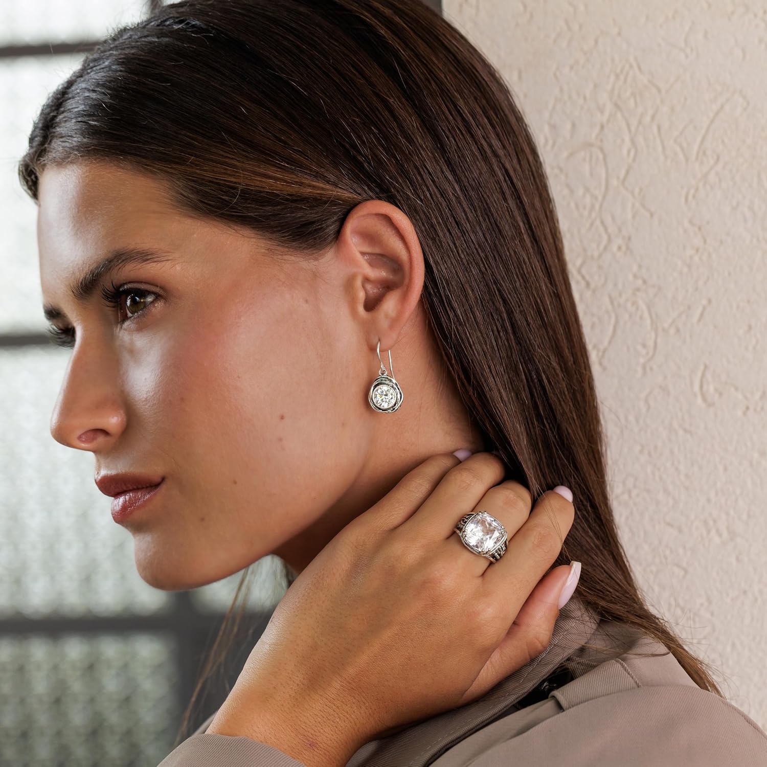 JEAN RACHEL JEWELRY 925 Sterling Silver CZ Multi-Strand Wrap Ring - Raised Cushion-Cut Clear Cubic Zirconia Statement Ring