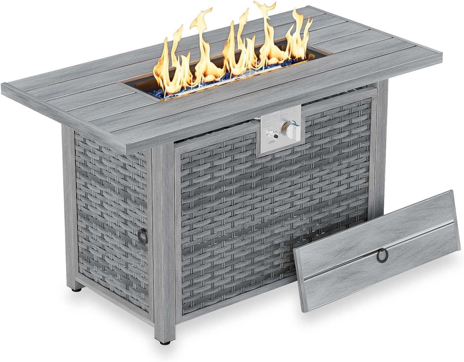 30" Round Propane Fire Pit Table - 50K BTU with Lid, Rocks Tank Storage and Cover - Round Gas Fire Pits for Outside Patio - Outdoor Table with Firepit (Grey, 43" Rectangular)