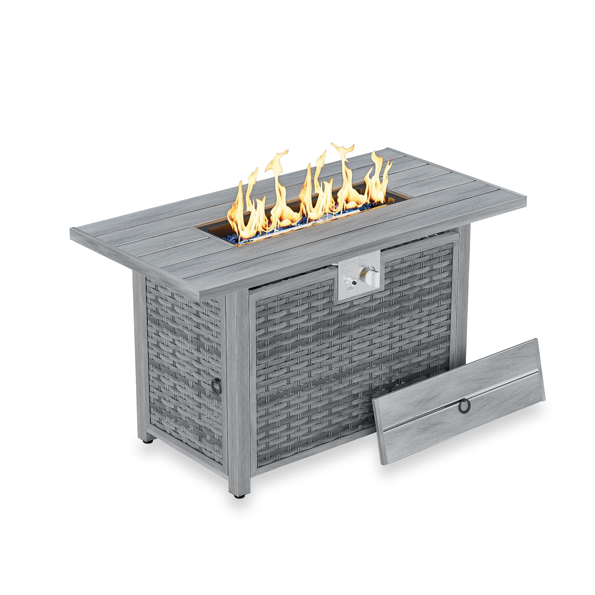 30" Round Propane Fire Pit Table - 50K BTU with Lid, Rocks Tank Storage and Cover - Round Gas Fire Pits for Outside Patio - Outdoor Table with Firepit (Grey, 43" Rectangular)