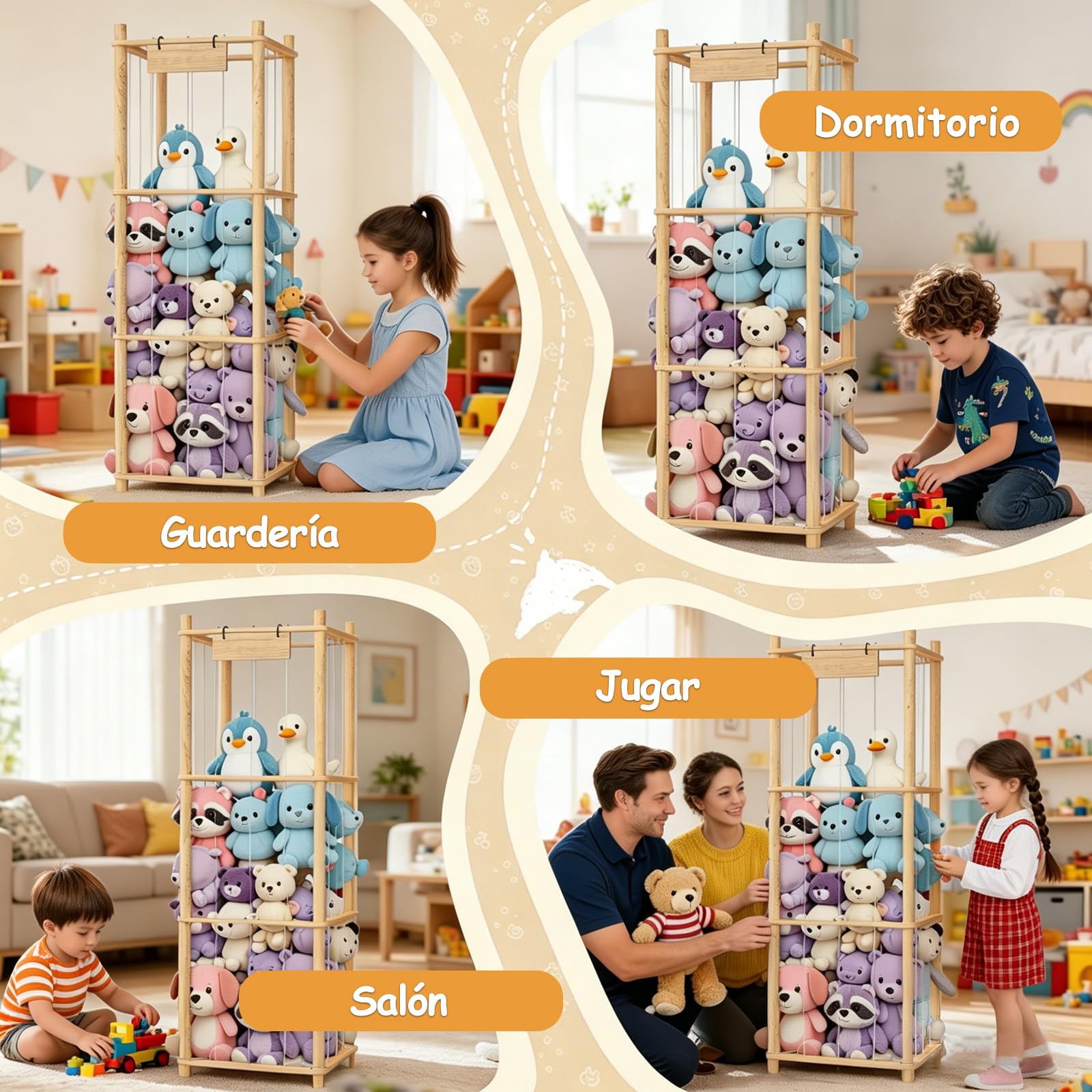 Organizador de Madera para Juguetes y Peluches, 3 Niveles, Gran Capacidad, Ahorra Espacio, Adecuado para Habitación Infantil, Sala de Juegos y Dormitorio