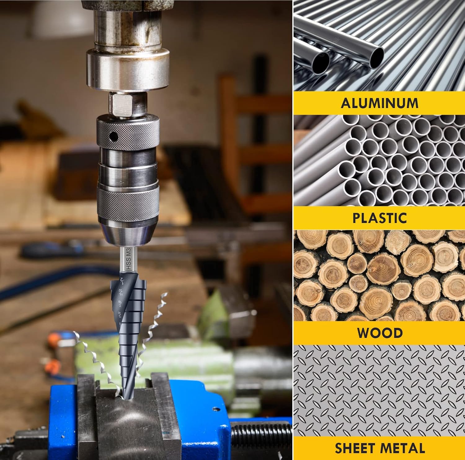 Upgrade M35 Cobalt Step Drill Bit with Ultra TiAIN Coating, 1/8"-7/8" (3PCS) Unibit Step Bit with Double Sprial Flute, 1/4" Hex Shank for Metal, Stainless Steel, Aluminum, Copper, Wood