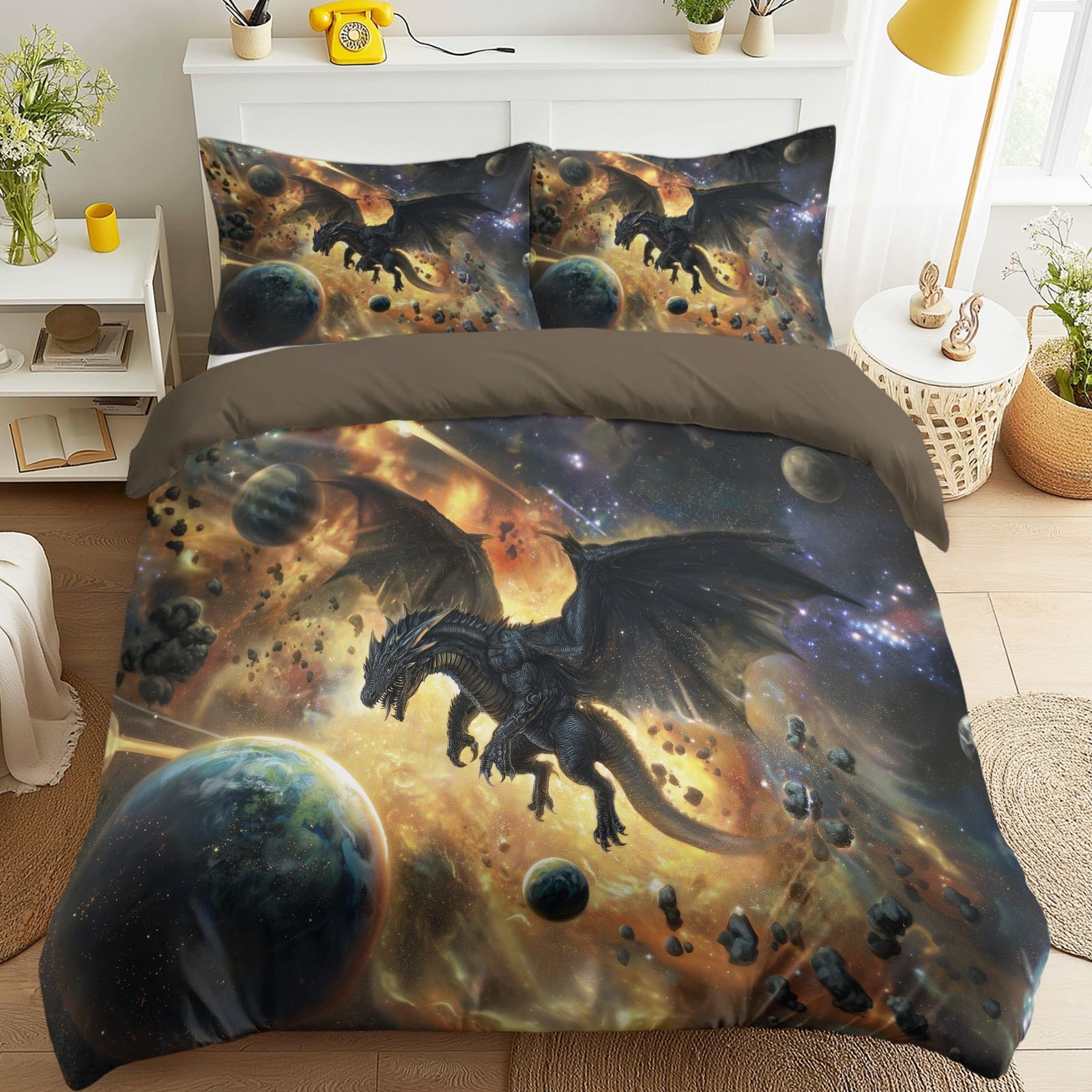 Zestaw poszewek na kołdrę, Easy Care Bedding Bedding Bed Set Double Size 79" x 79", Fantasy Cool Gaming Universe Mysterious Space Planets Dragon Duvet Covers with 2 Matching Pillowcases 50 x 75 cm for
