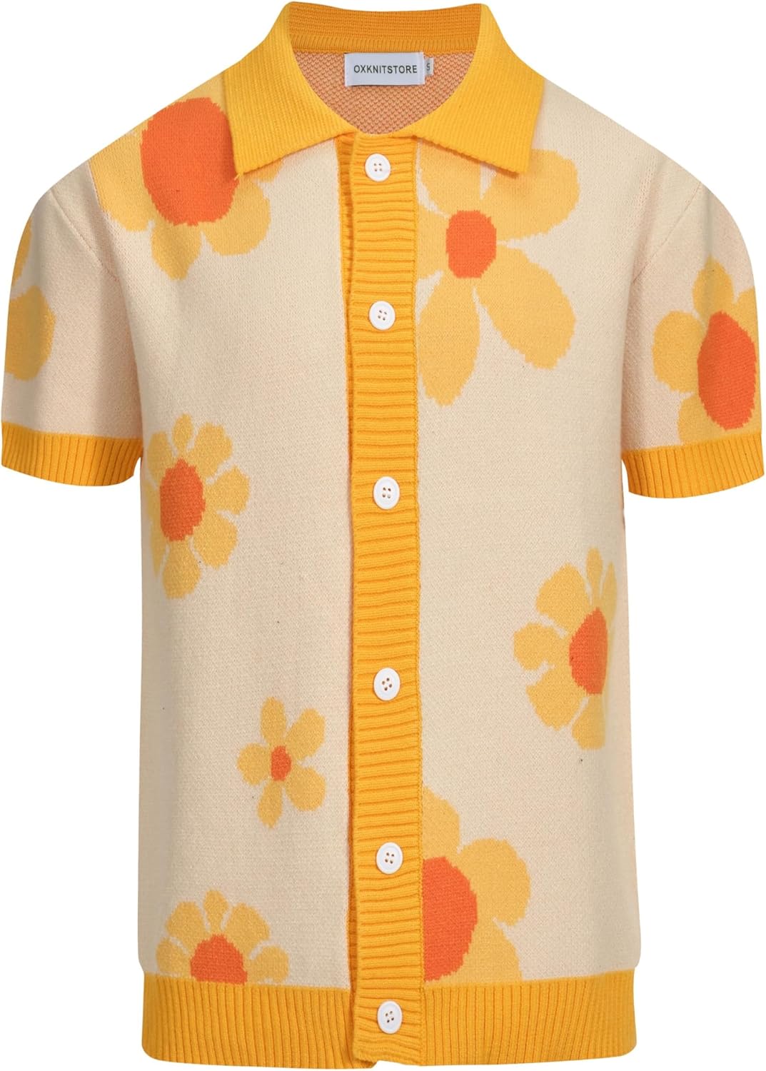 OXKNIT Men's Short-Sleeved Knit Polo with Flowers Casual Button Down Cardigan