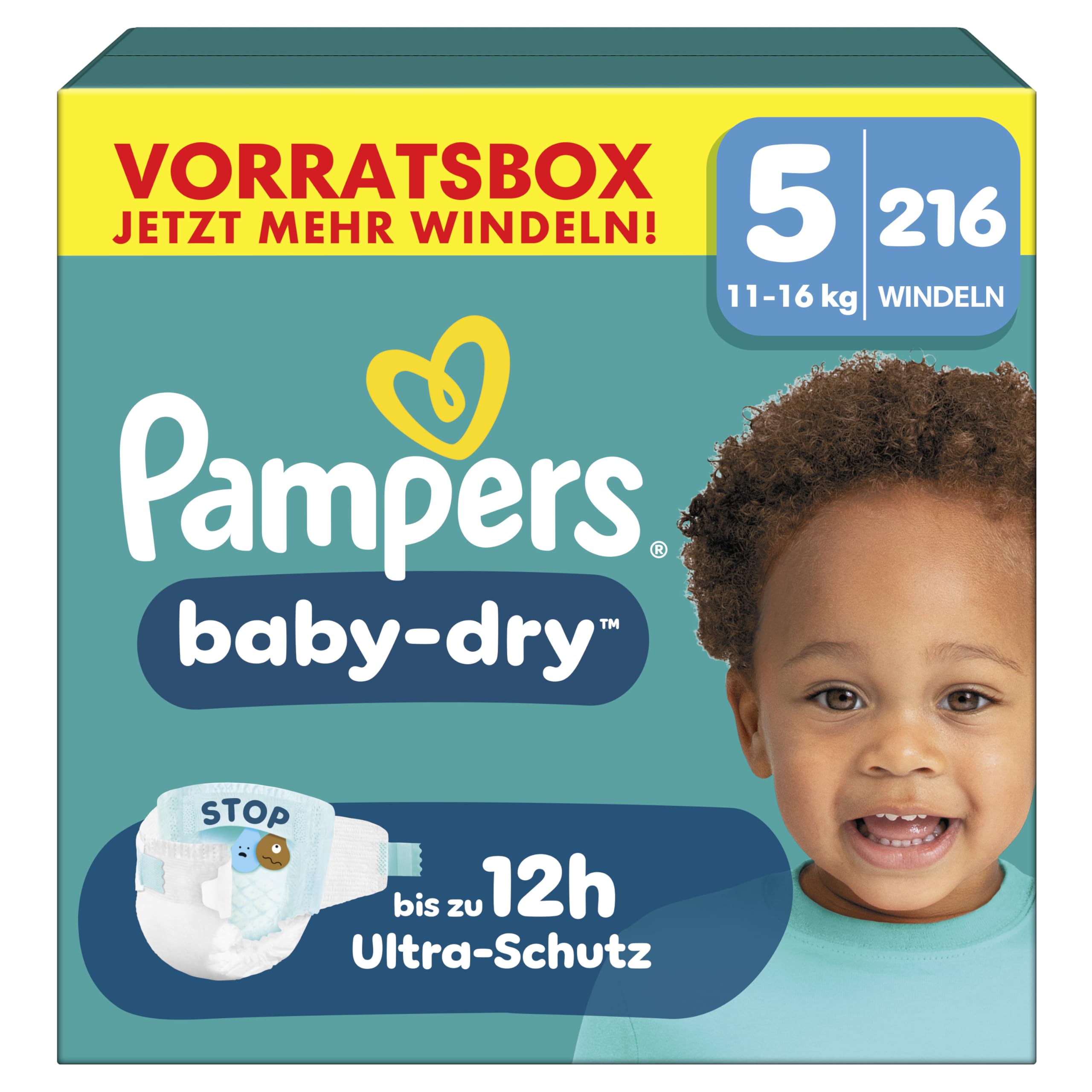 Pampers Baby-Dry Größe 5, 216 Windeln, 11kg-16kg, Bis zu 100% Auslaufschutz & Komfort die ganze Nacht