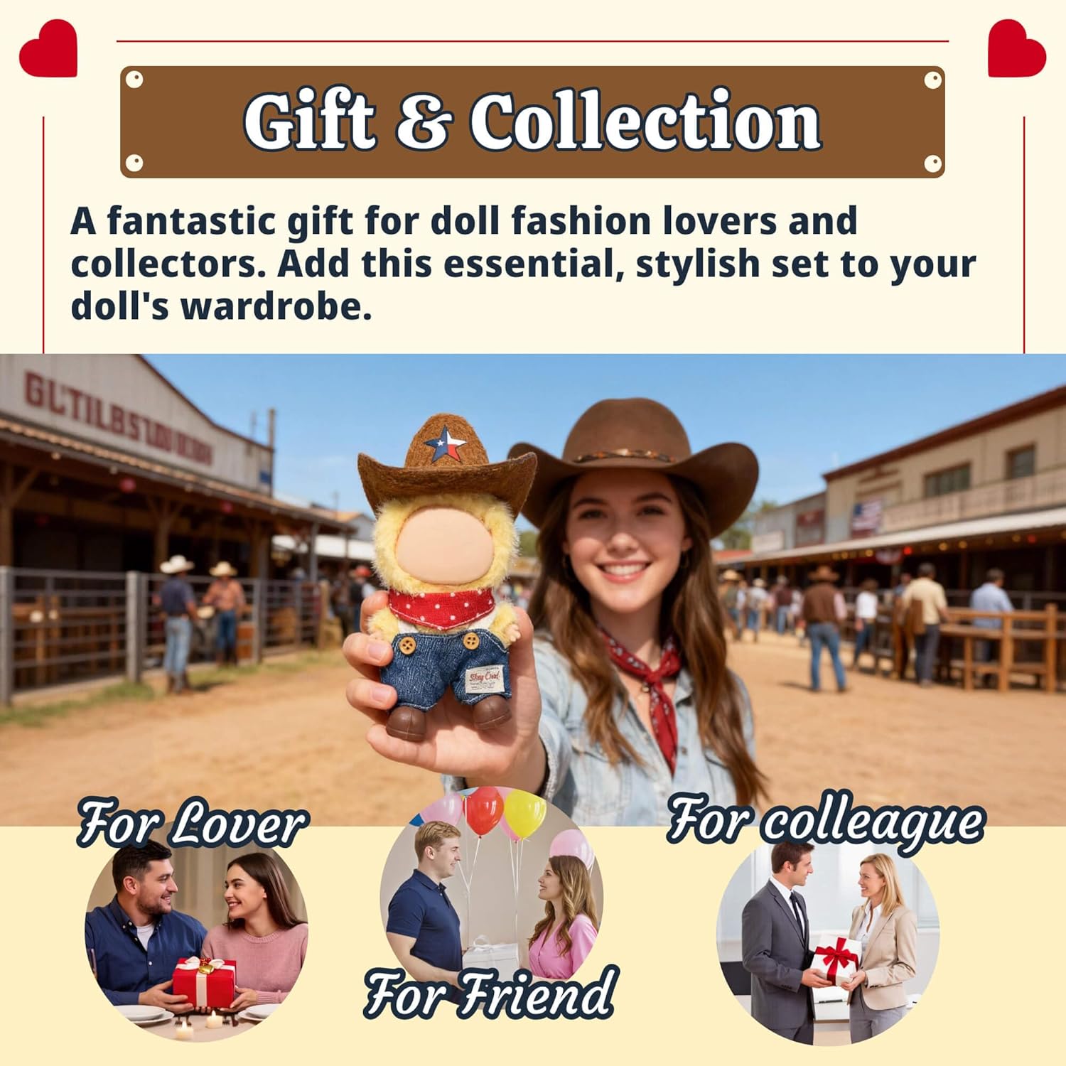 Cowboy Doll Outfit for Mini La Bubu & 4.13 Inch (10.5 cm) Dolls – Denim Overalls with Red Bandana and Cowboy Hat, Western Style Doll Clothes Set