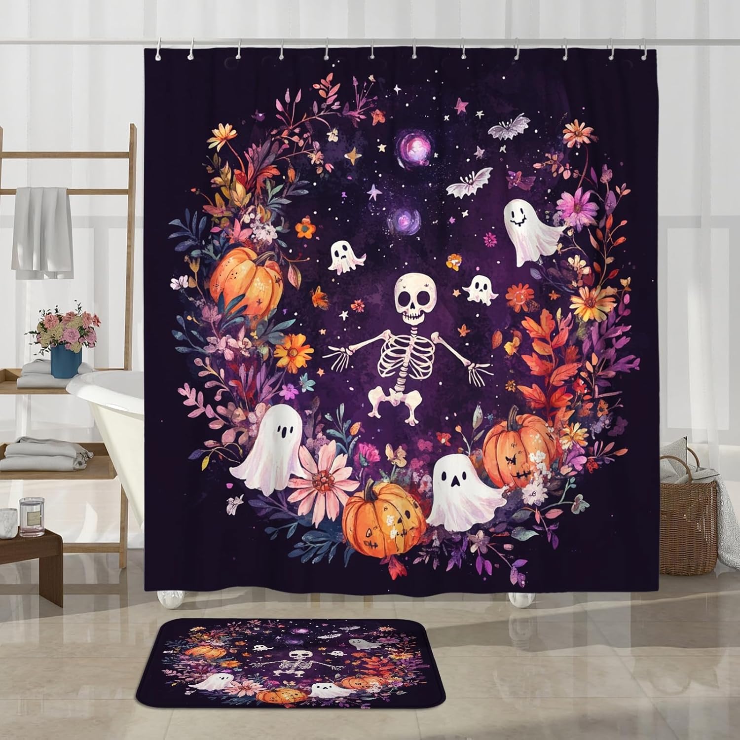 4PCS Halloween Fun Skeleton Ghost Bathroom Accessory Sets with Non-Slip Rug, U Shape and Toilet Lid Cover Mat, Kids Scary Pumpkin Skull Bath Print Decor-72''x72''