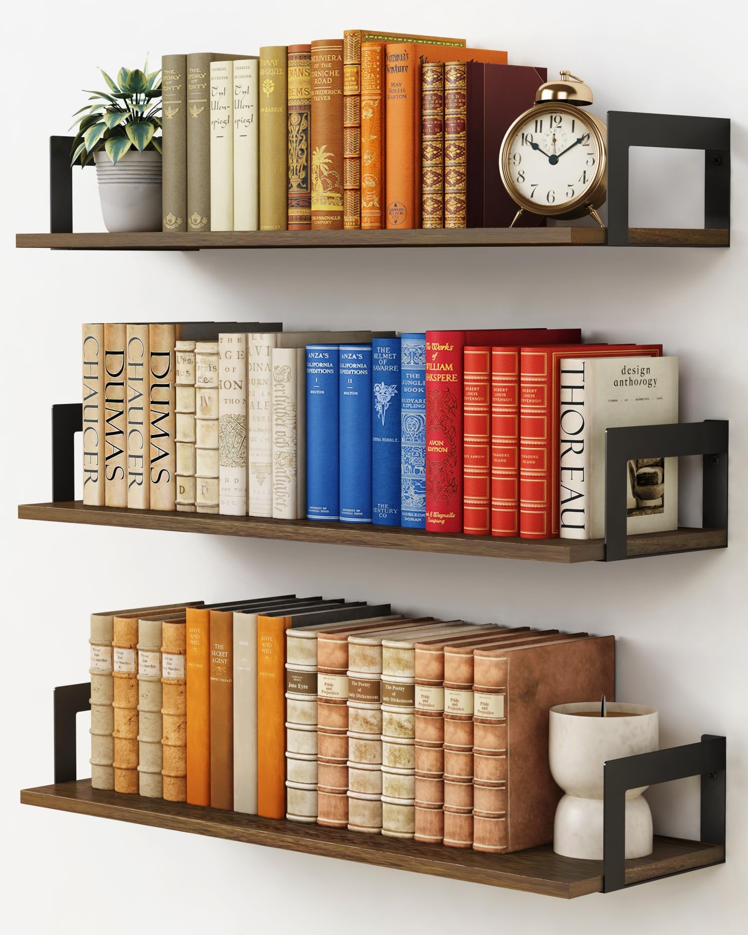 Harwaya Floating Book Shelves for Wall 3-Pack, 24 Inch Long Wall Mount Bookshelf for Bedroom, Rustic Farmhouse Wood Hanging Bookshelves for Living