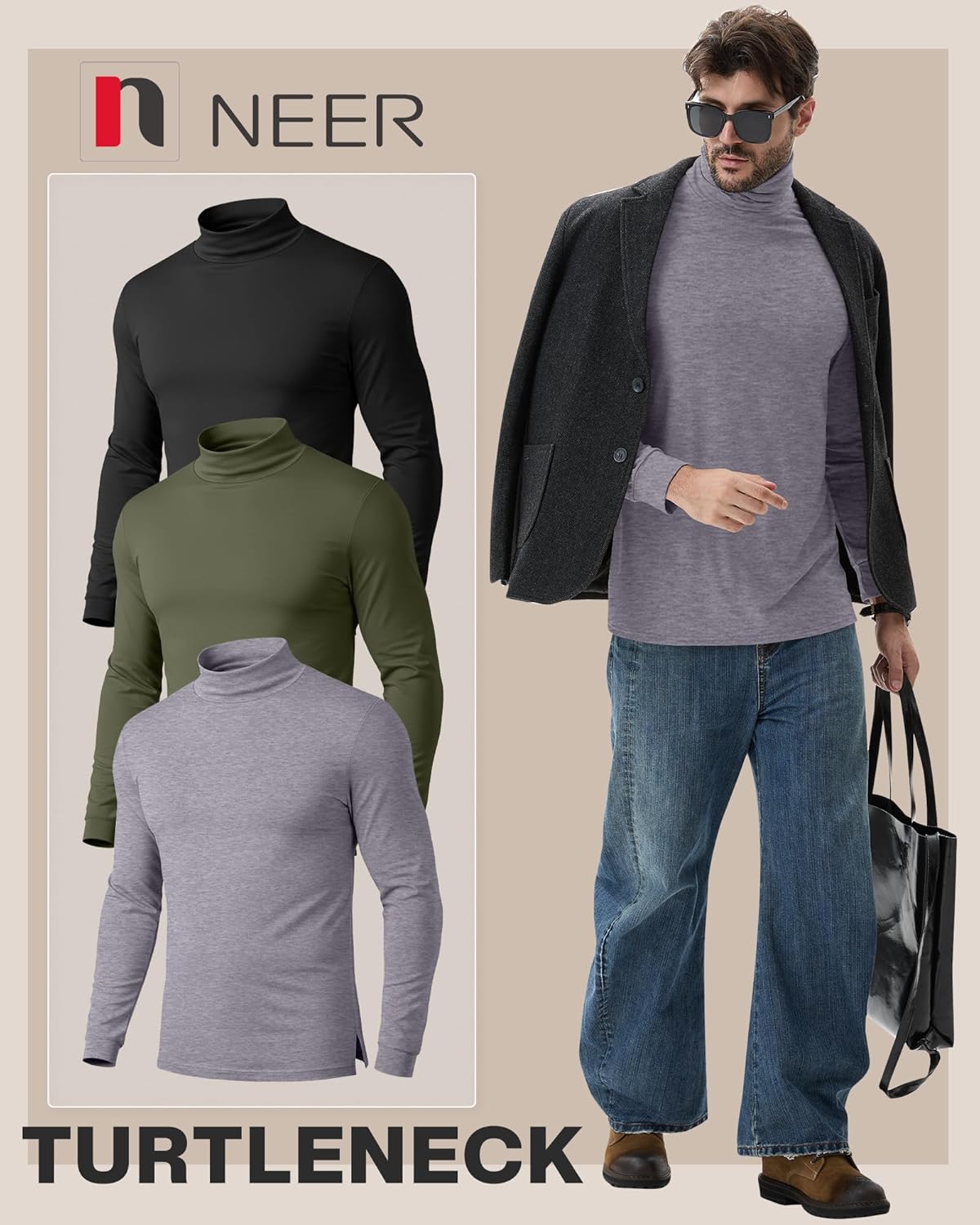 Neer 3 Pack Men's Big and Tall Turtleneck Shirts L-7xl Long Sleeve with Cuff Plus Size Basic Thermal Lightweight Tops - Image 2