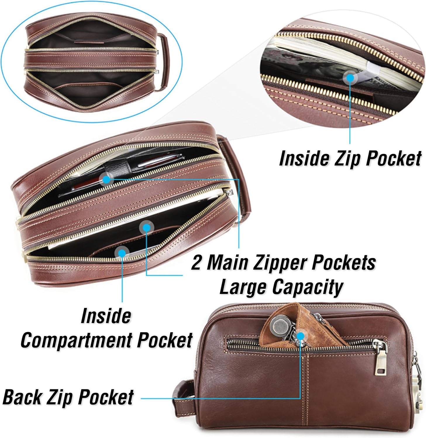 Top Grain Genuine Leather Travel Organizer Clutch Bag, Handmade Retro Vintage Design, 3 Zipper Pockets & Combination Locks, Portable Storage Bag for Phone/Cable/Charger/Notebook/Cash/Cosmetic, Black