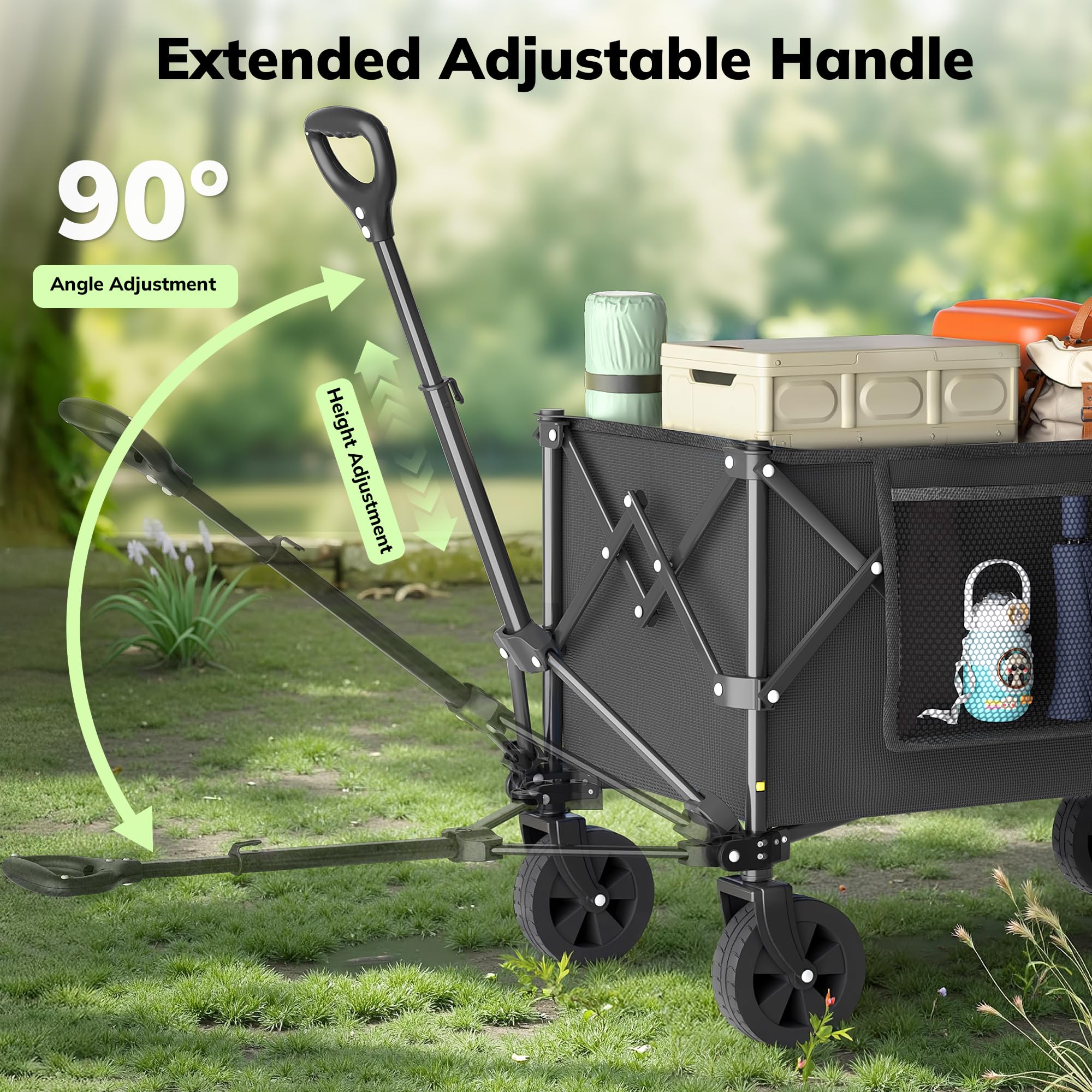 Morpilot Carrello Pieghevole Resistente con Ruote, Carrello Fuoristrada per Giardinaggio, Campeggio, Shopping, Spiaggia e Sport all'aperto, Nero, Capacità Massima 220 Litri e 150 kg