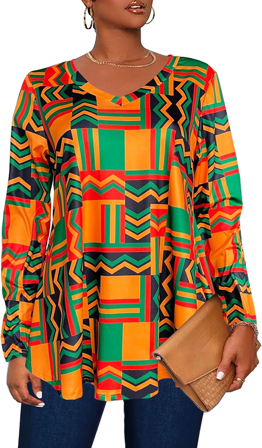Afibi Dressy Shirts for Women African Dashiki Long Sleeve V Neck Loose Tunic Tops - Image 3