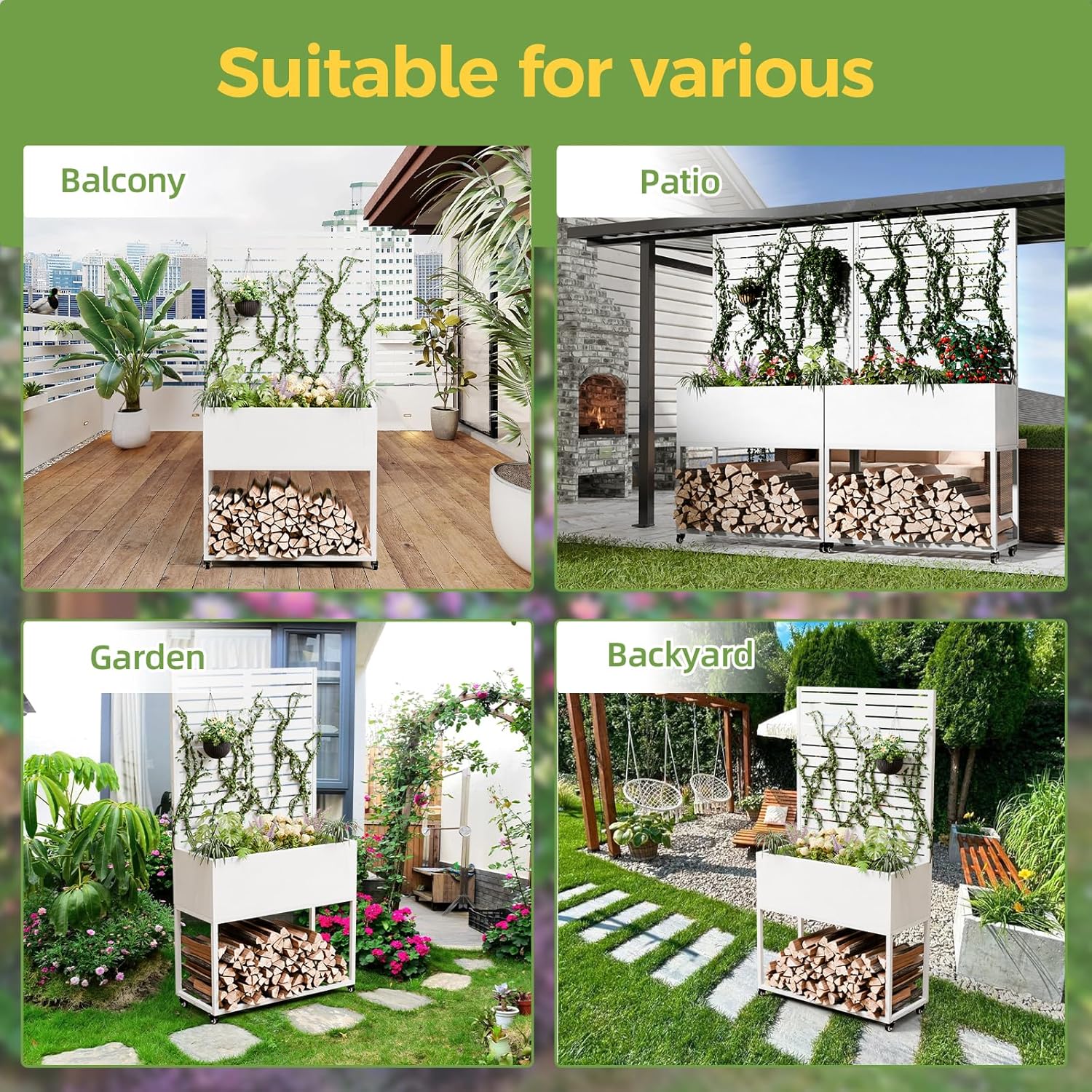 Metal Planter Box with Trellis, 3 in 1 Raised Garden Bed with Trelli & Firewood Rack, Privacy Planter Screen for Climbing Plants, Vine, Outdoor Garden Standing Beds with Drainage Holes, Wheels,White