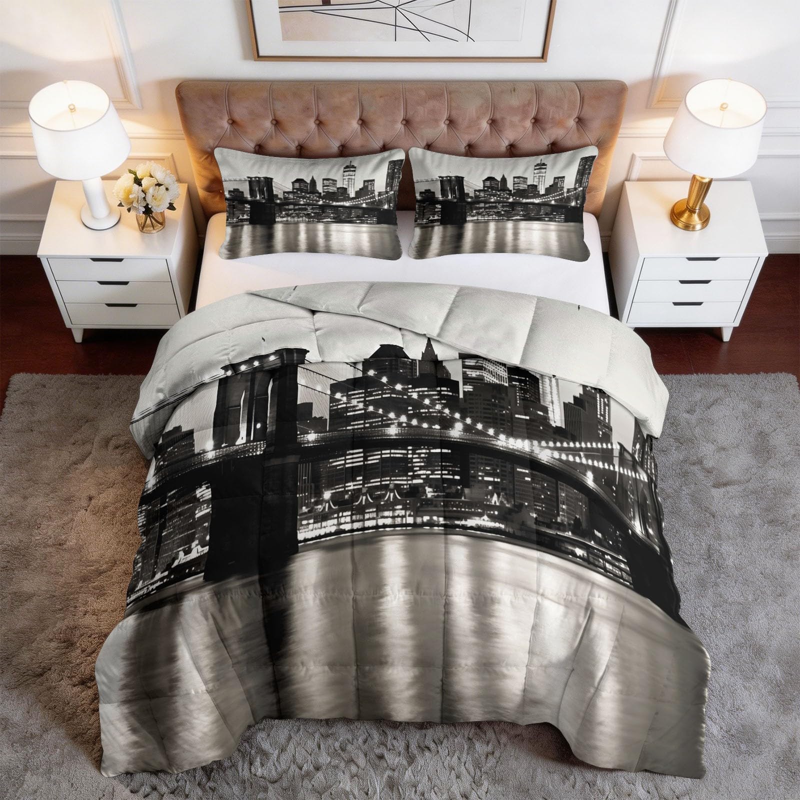 Couette 140 x 200 cm Vintage New York Architecture Urbaine Ponts - Réversible, Couette 4 Saisons Urbain Moderne Lavable 1 Personnes, Édredon sans Housse Doux avec 1 Taies d'oreiller 65 x 65 cm