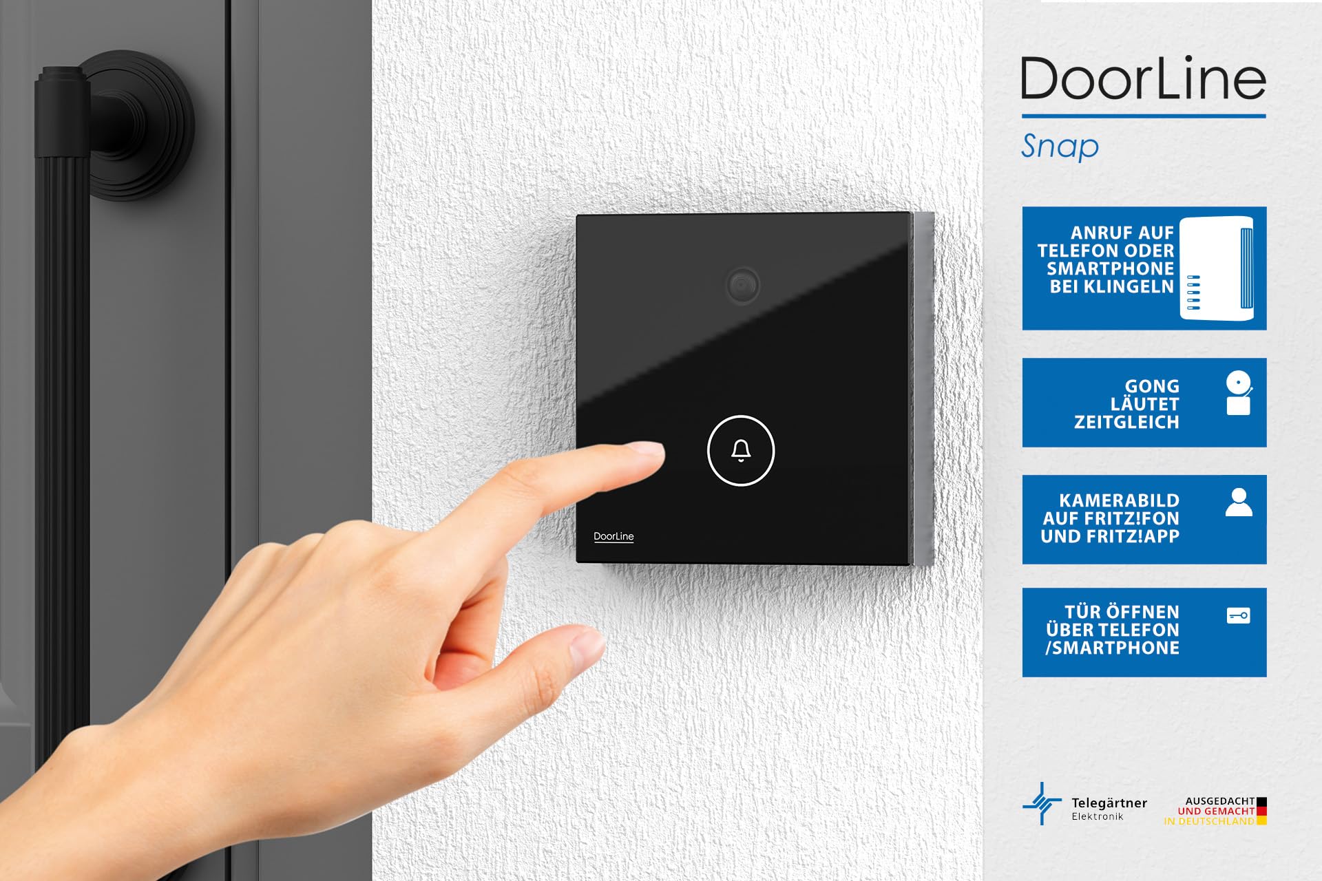 Türklingel mit Bildübertragung ohne Cloud, DoorLine Made in Germany | elegante Glasoberfläche, Schwarz, WLAN-Klingel, perfekt für alle FRITZ!Box Modelle, Smart Home-kompatibel, Snapshotfunktion