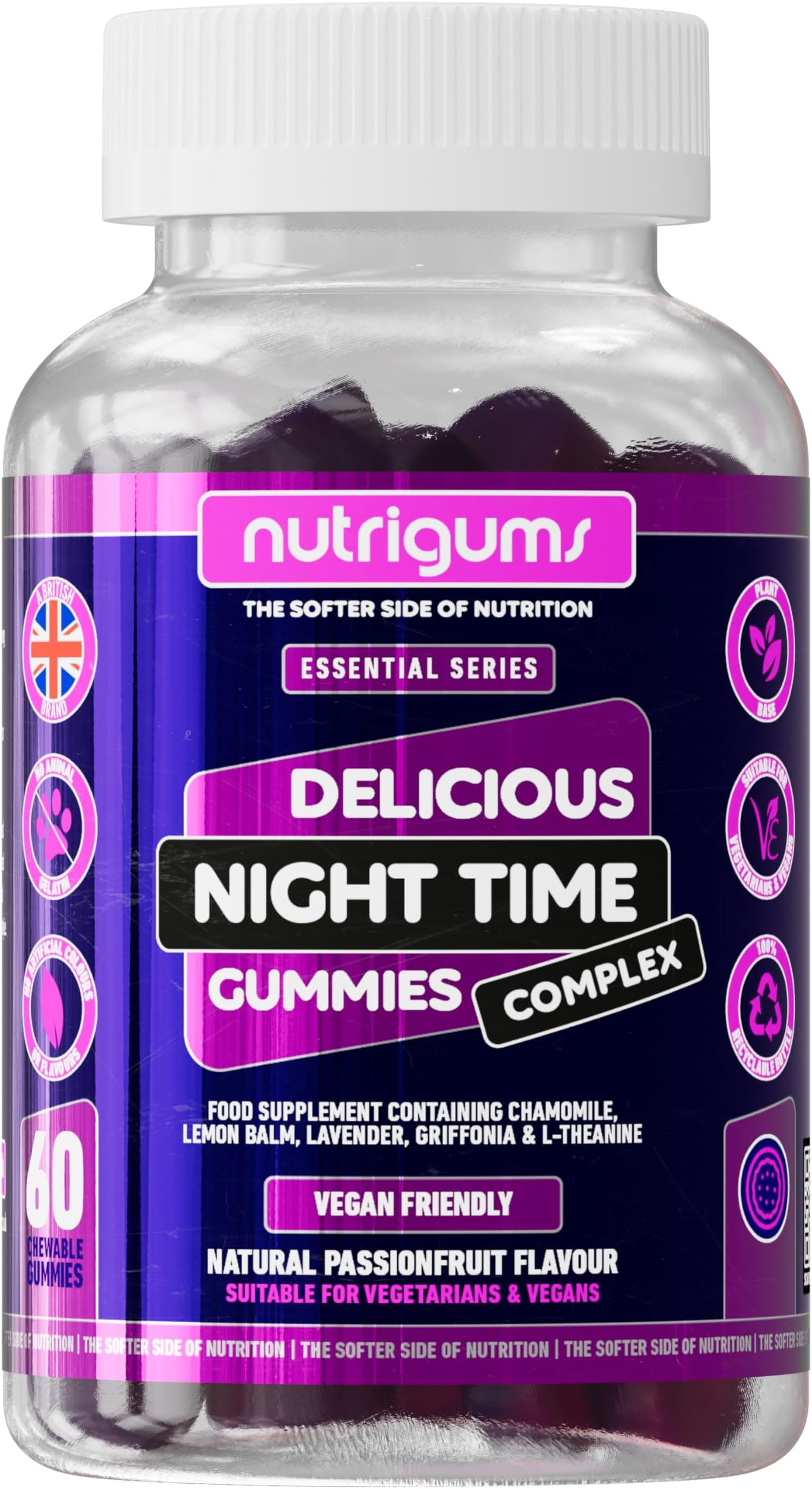 Night Time Complex. 60 Vegan Gummies. Support Sleep with Griffonia Seed (5HTP), L-Theanine, Passionflower, Chamomile, Lemon Balm & Lavender. Suitable for Adults & Children