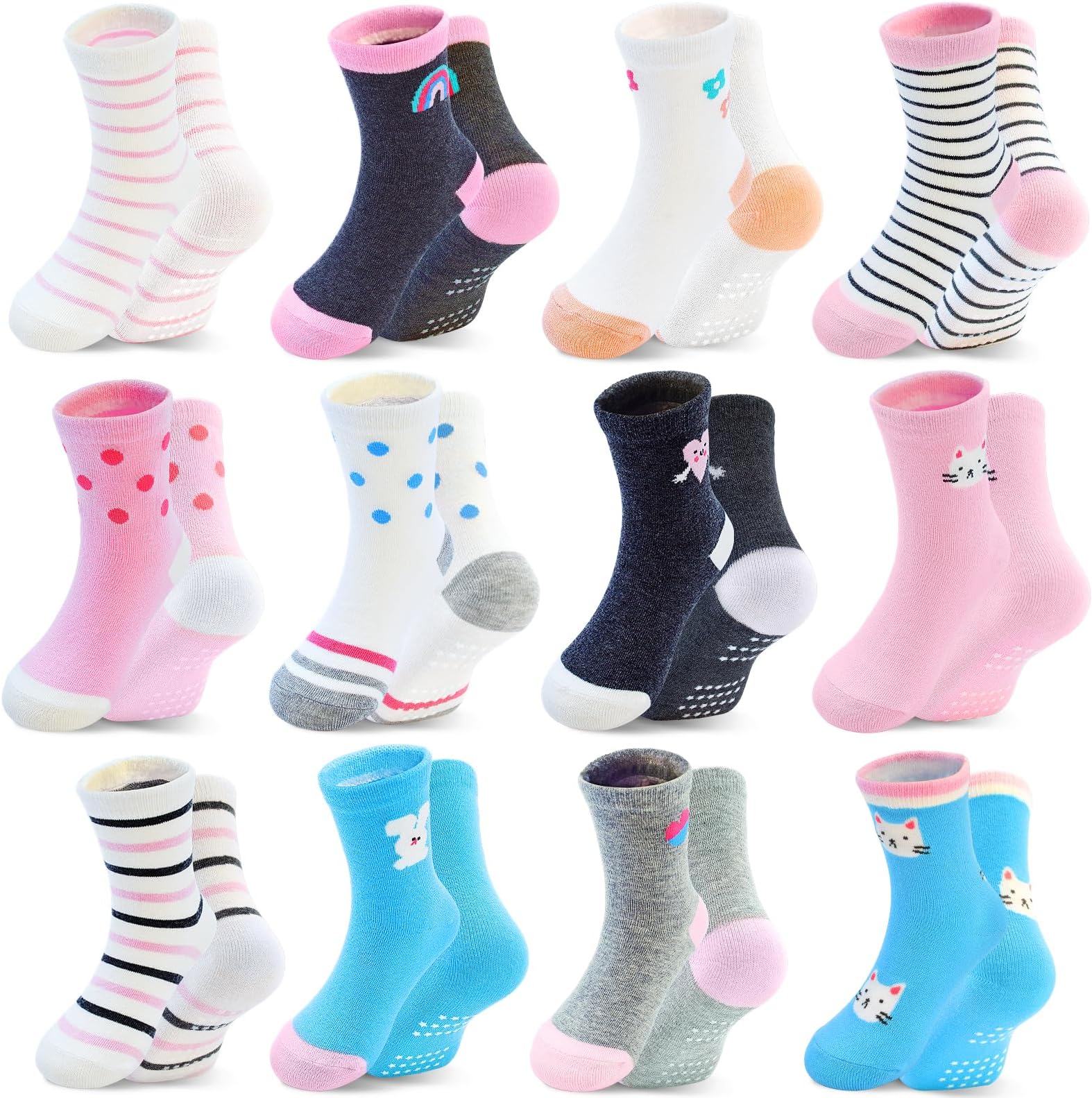 Toddler Girl Socks, Non-Slip Cartoon Crew Socks with Grips for 6-12 Month Baby 1-7 Years Kids