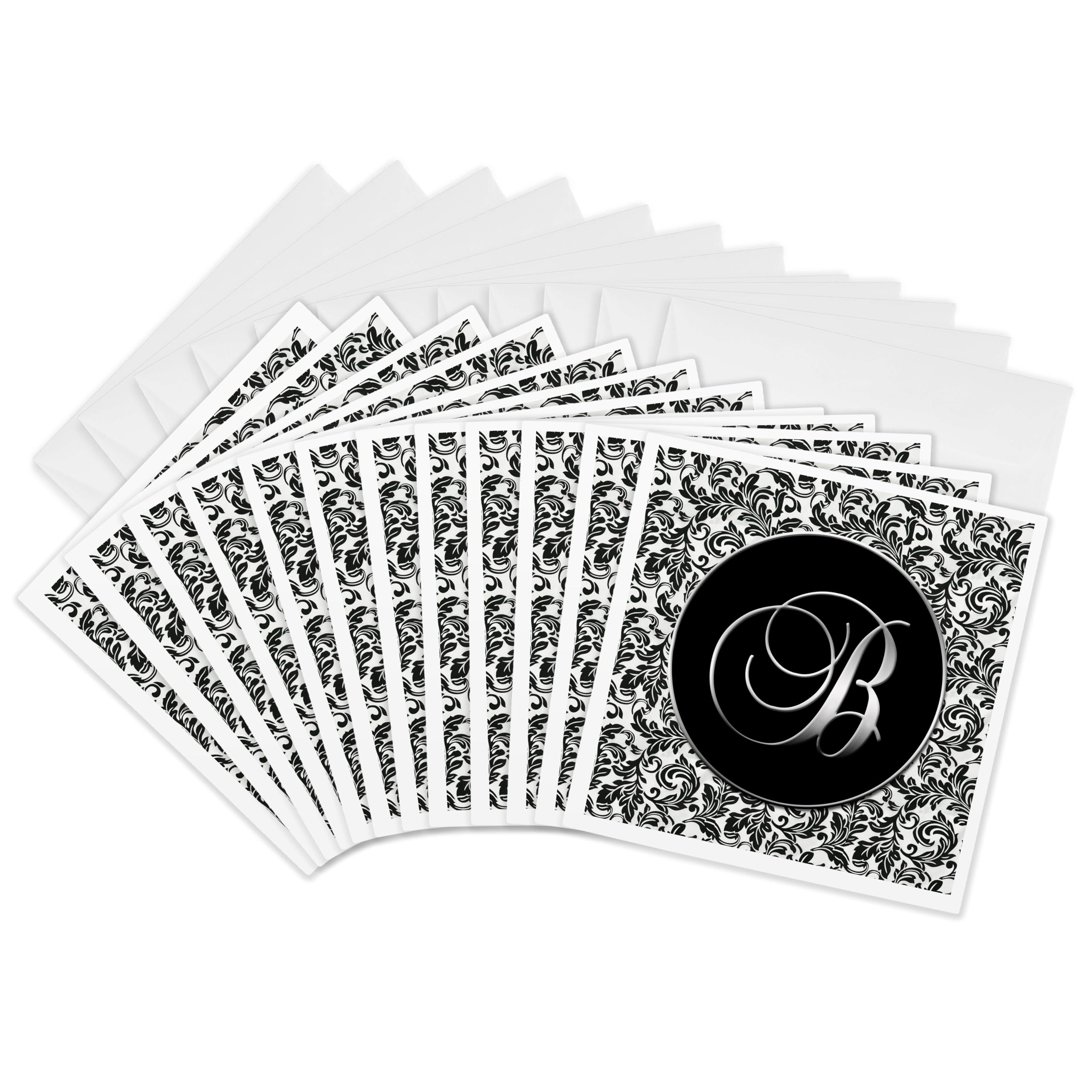 3dRose gc_38751_2 6 x 6-Inch "Letter B - Black and White Damask" Greeting Card (Pack of 12)