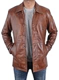 Mens Classic Winter Leather Car Coat 3/4 Length - Button Up Real Lambskin Long Jacket