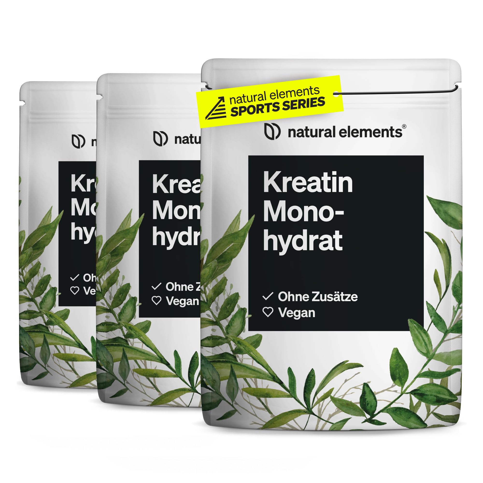 natural elements Creatin Monohydrat 3er Set – 3x 500g ultrafeines Pulver (Meshfaktor 200) – 498 Portionen reines Kreatin – hochdosiert – vegan, ohne unnötige Zusätze – laborgeprüfte Qualität