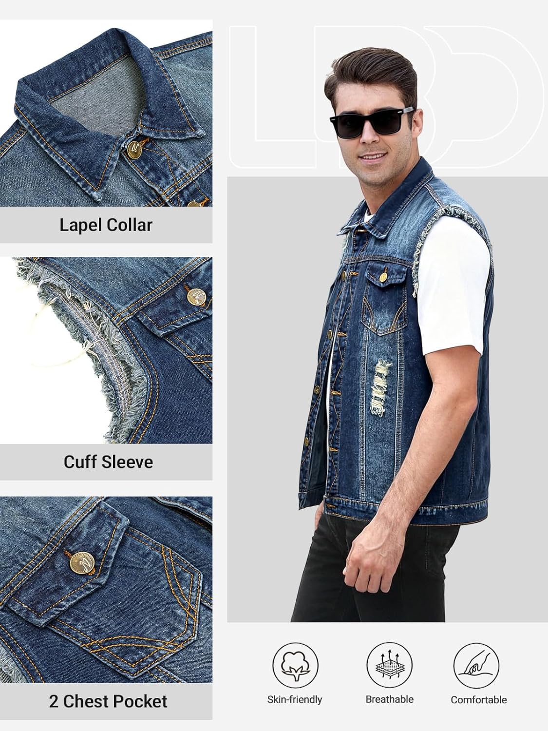 LONGBIDA Men's Denim Vest Casual Slim Fit Sleeveless Jacket Vintage Ripped Summer Jean Vests - Image 3