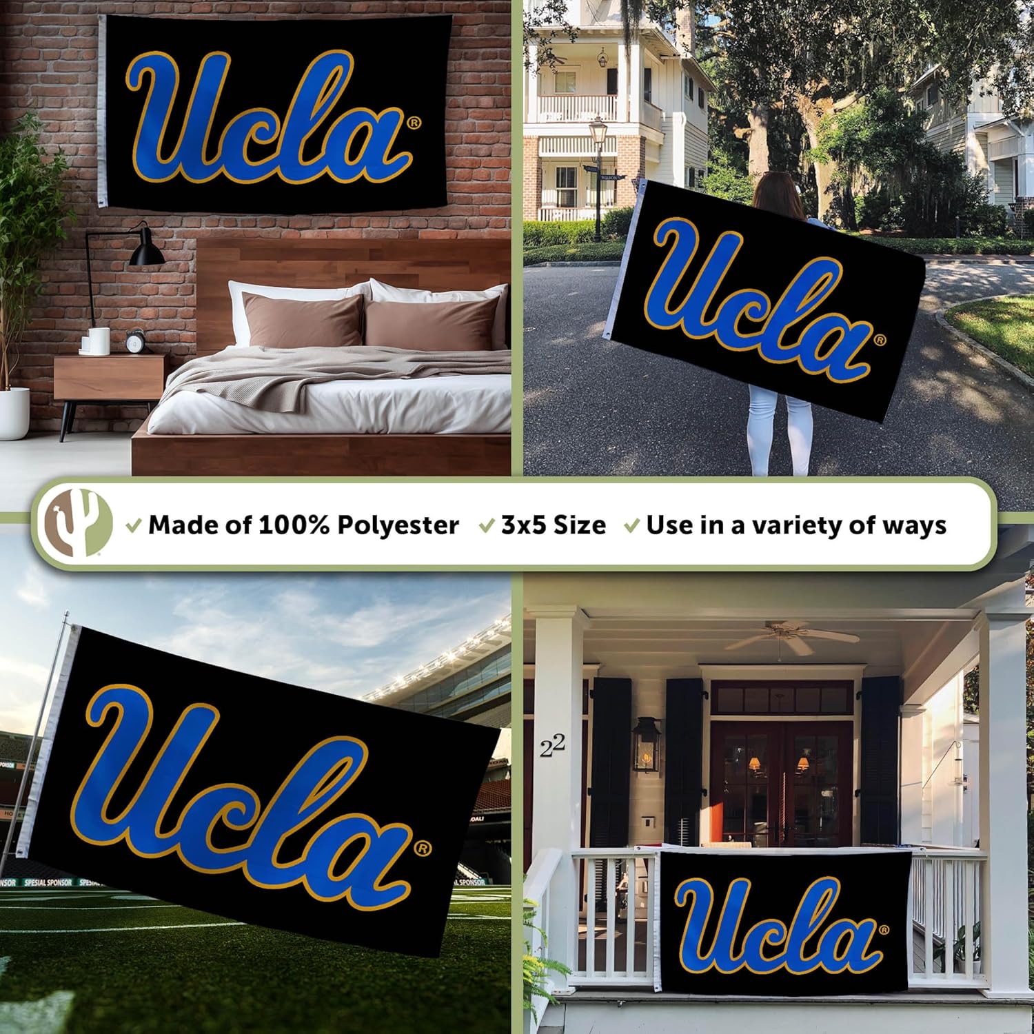 Desert Cactus UCLA Bruins Flag - 3 x 5 Feet University of California Los Angeles Banner, Indoor/Outdoor Durable Fabric, 100% Polyester Design (Style 7) - Image 3