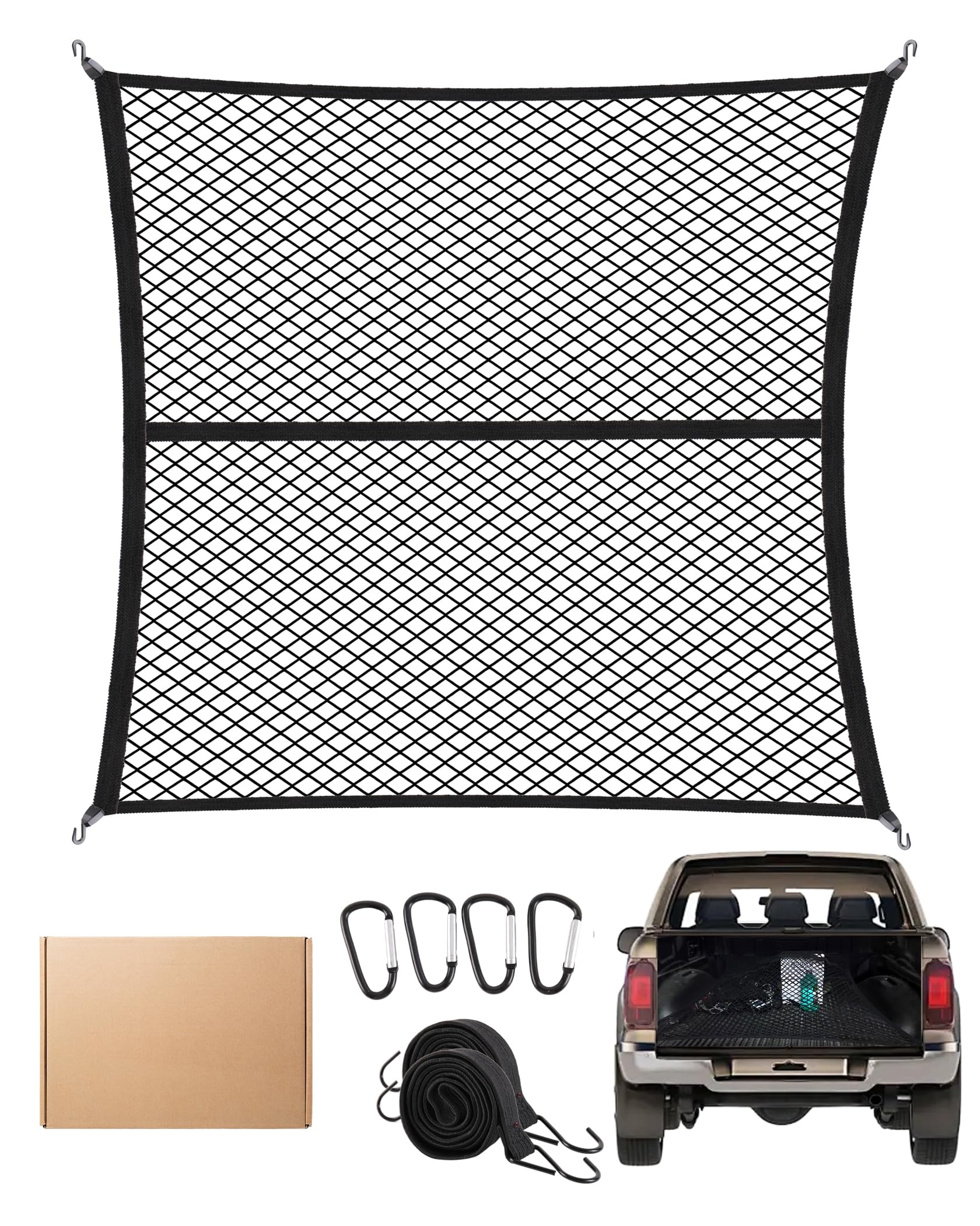 FoundGo 120x120cm Singolo strato Rete da carico elastica [Max.210x210cm espandibile] Rete da carico per camper incl. 4x moschettoni + 4x ganci ABS + 2x cinghie elastiche