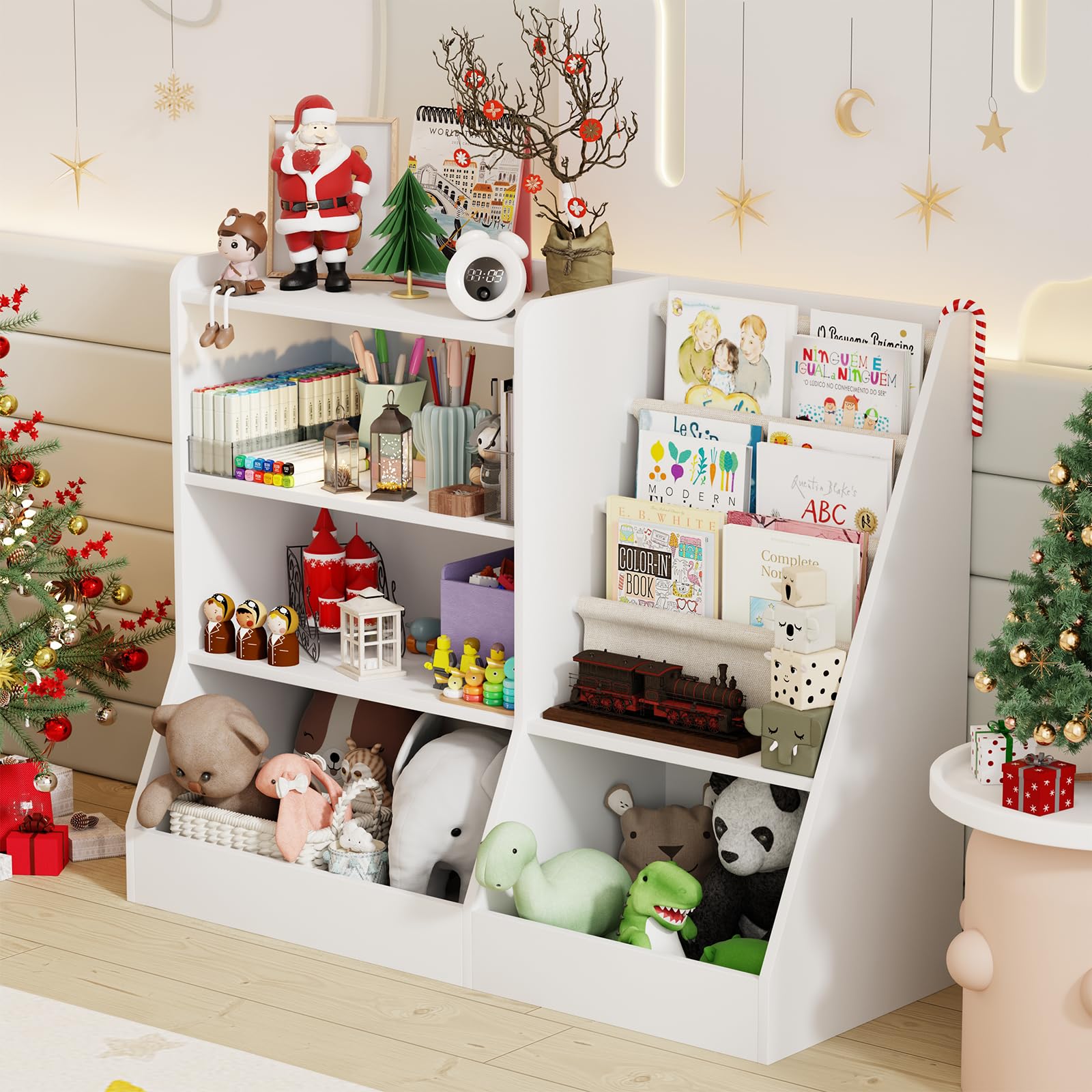 39" Large Kids Wooden Bookshelf and Toy Storage Organizer, Baby Bookcase with Sling Book Rack, Children Toddler Wooden Book Shelf for Kids Rooms, Playroom, Classroom, Nursery, School (White)