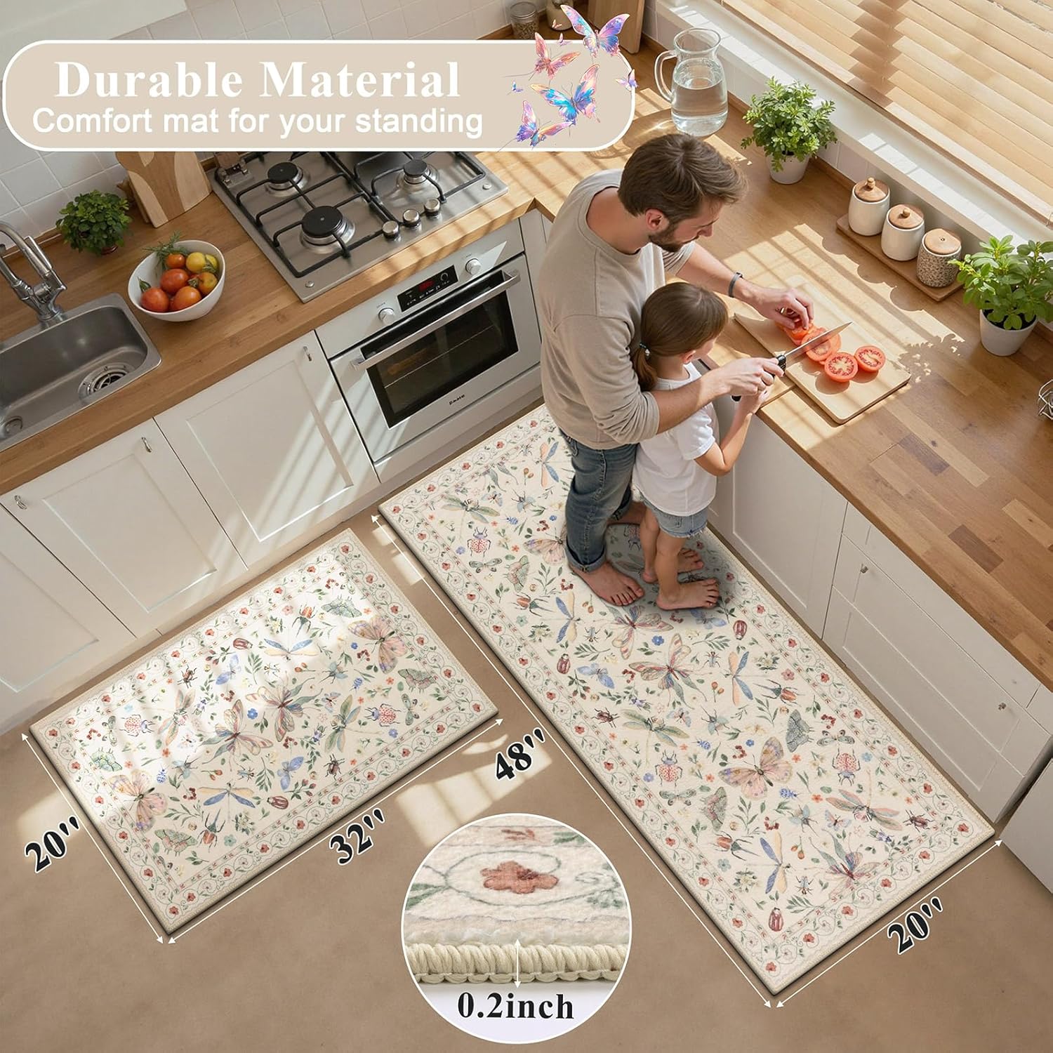 Ileading Kitchen Rugs Sets of 2, Non Slip Washable Kitchen Mats for Floor, Stain Resistant Farmhouse Floor Mat Carpet Runner for Kitchen Sink Office Laundry Hallway, Beige 20"x32"+20"x48"