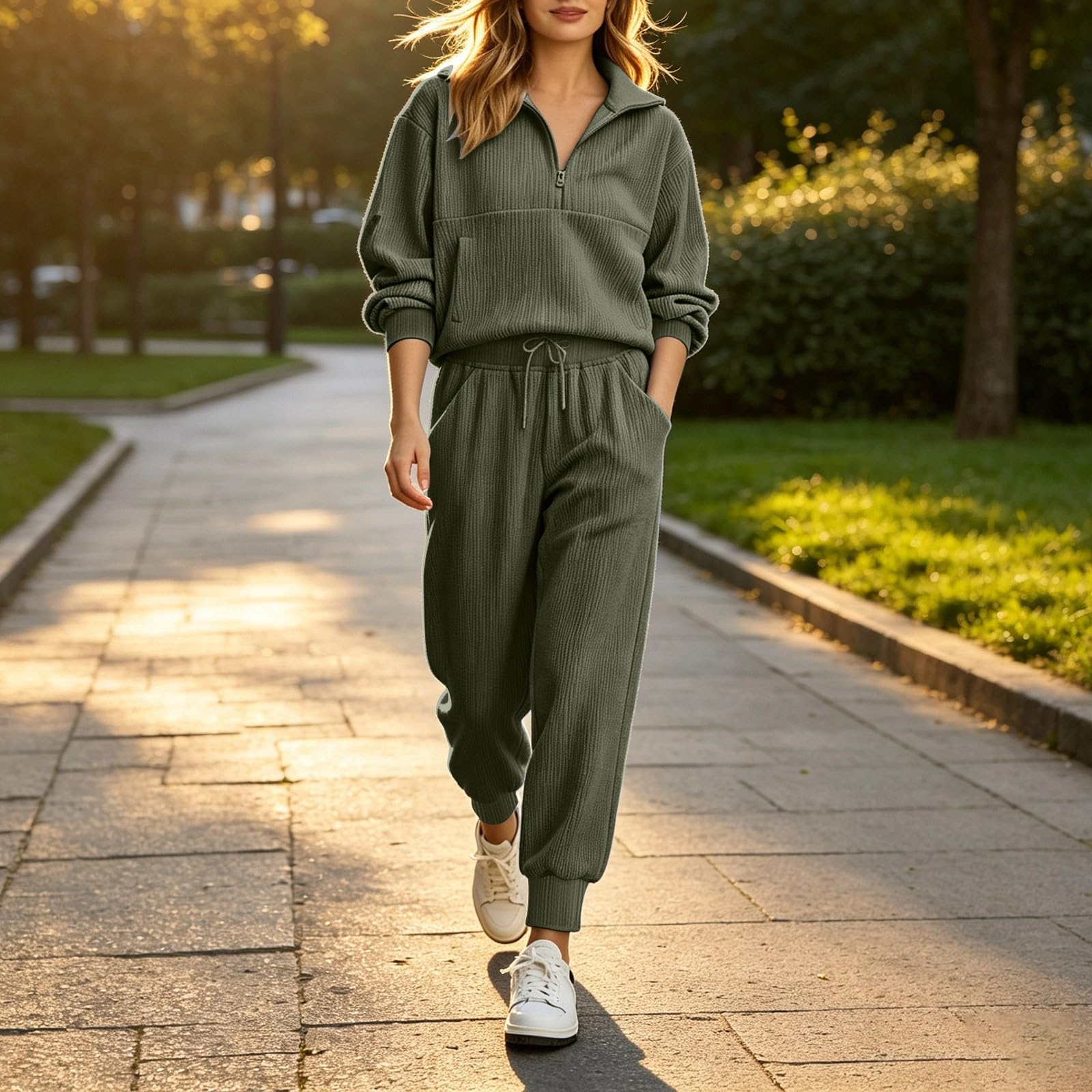 Set di tuta da donna 2 pezzi a coste elasticizzate con mezza zip felpa con risvolto pantaloni jogger autunno inverno casual allentato Co Ord set ampio coulisse loungewear set abbigliamento da viaggio
