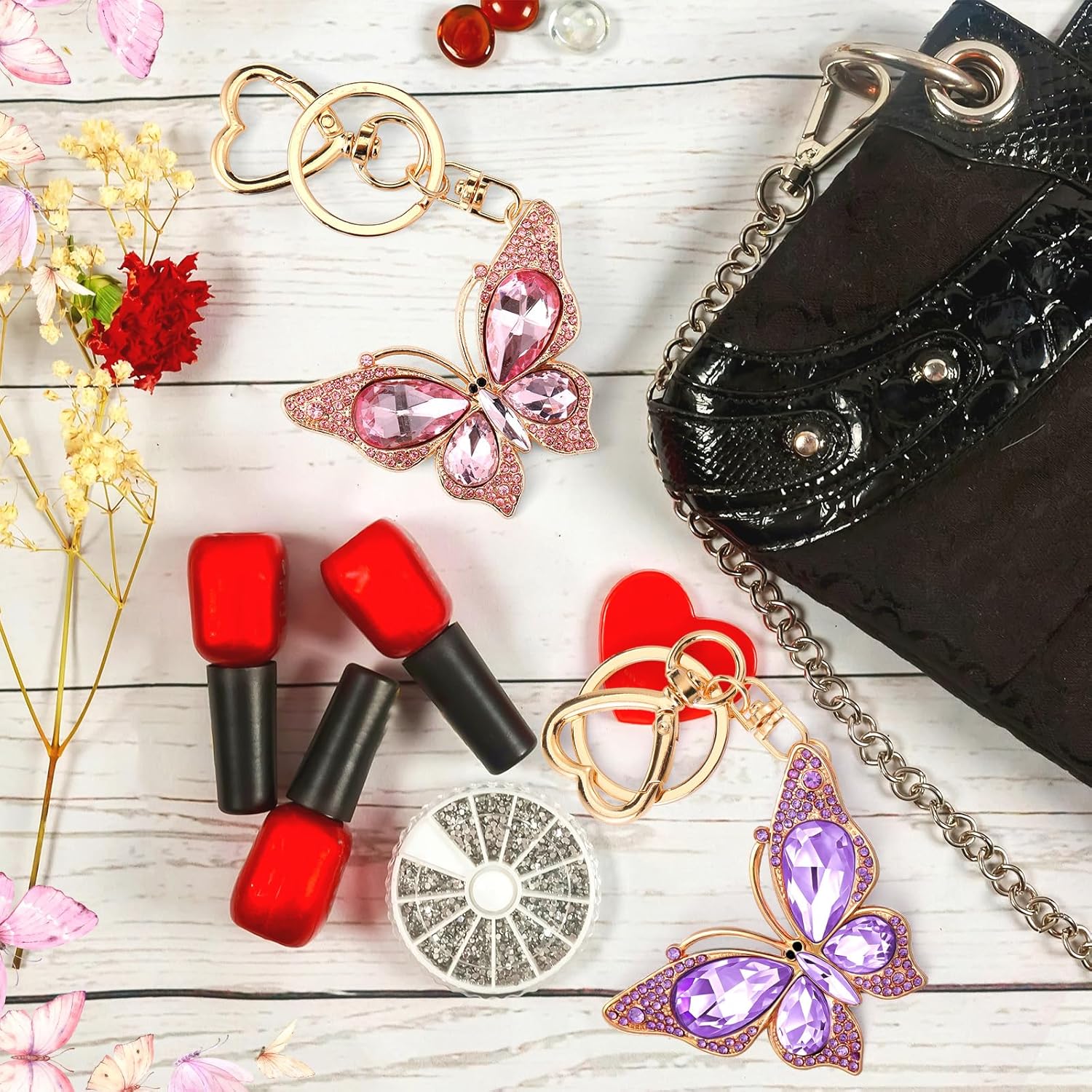 Nosiny 3 Pcs Butterfly Keychain Pink Cute Heart Key Chain Blue Butterfly Purse Charm for Women Girls - Image 6