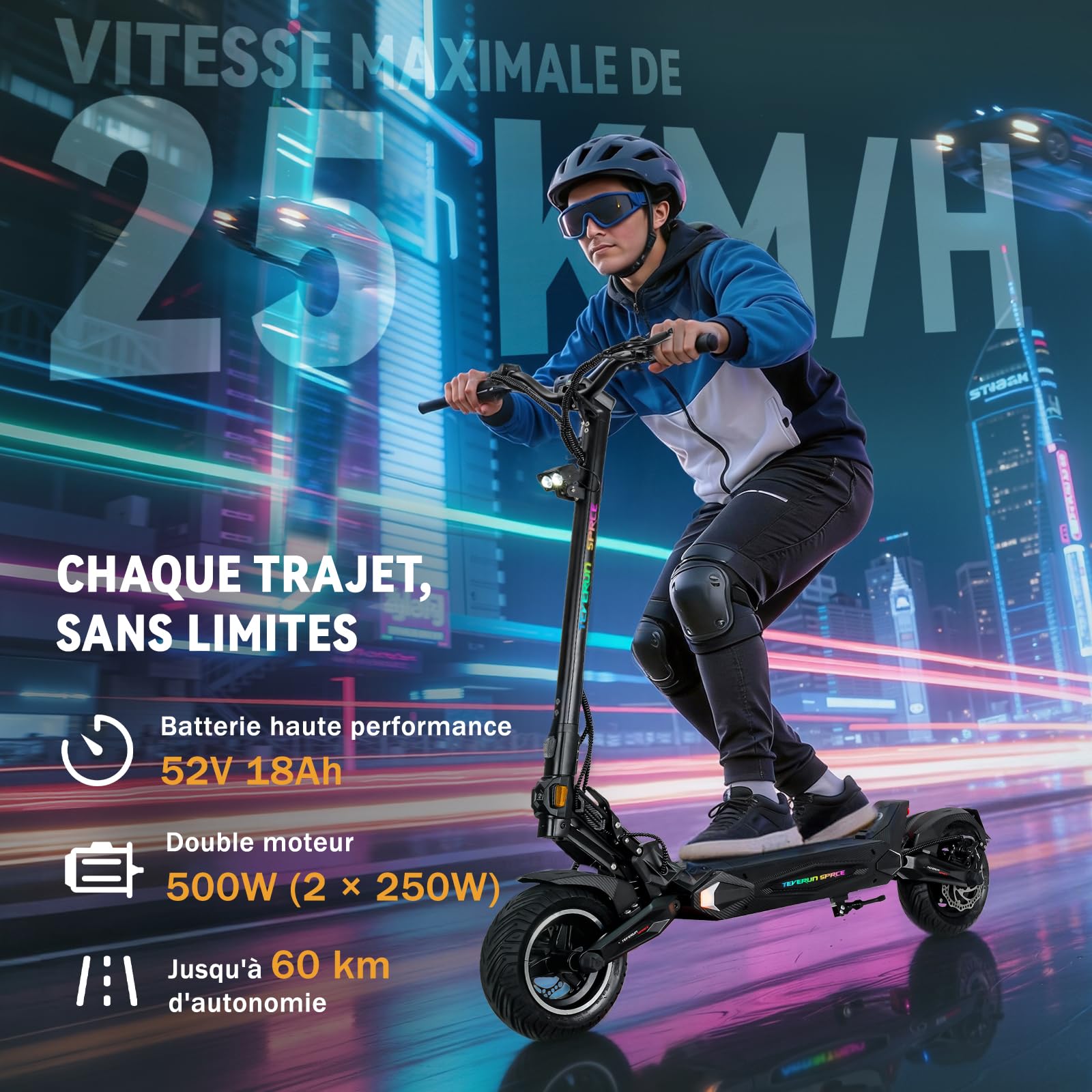 Teverun Space Lite Trottinette Électrique Adulte, 25km/h Max., Double Moteur de 500W, Double Suspension, Pneus Tubeless de 10", IPX6, Autonomie 60km, Trottinette Électrique avec Application