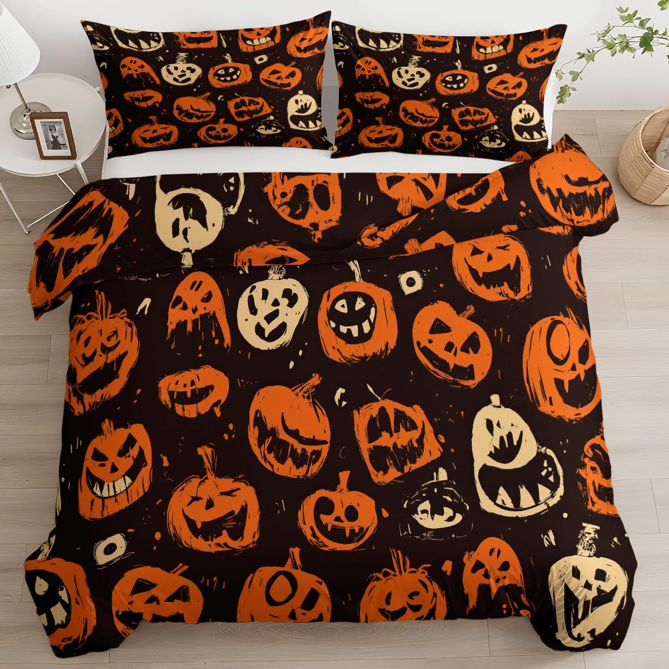 Motyw Halloween 3-częściowy zestaw poszewek na kołdrę z dyni Horror 200 x 200 cm, miękka dwustronna pościel z mikrofibry z 2 poszewkami na poduszki 50 x 80 cm, łatwa do czyszczenia z zamkiem