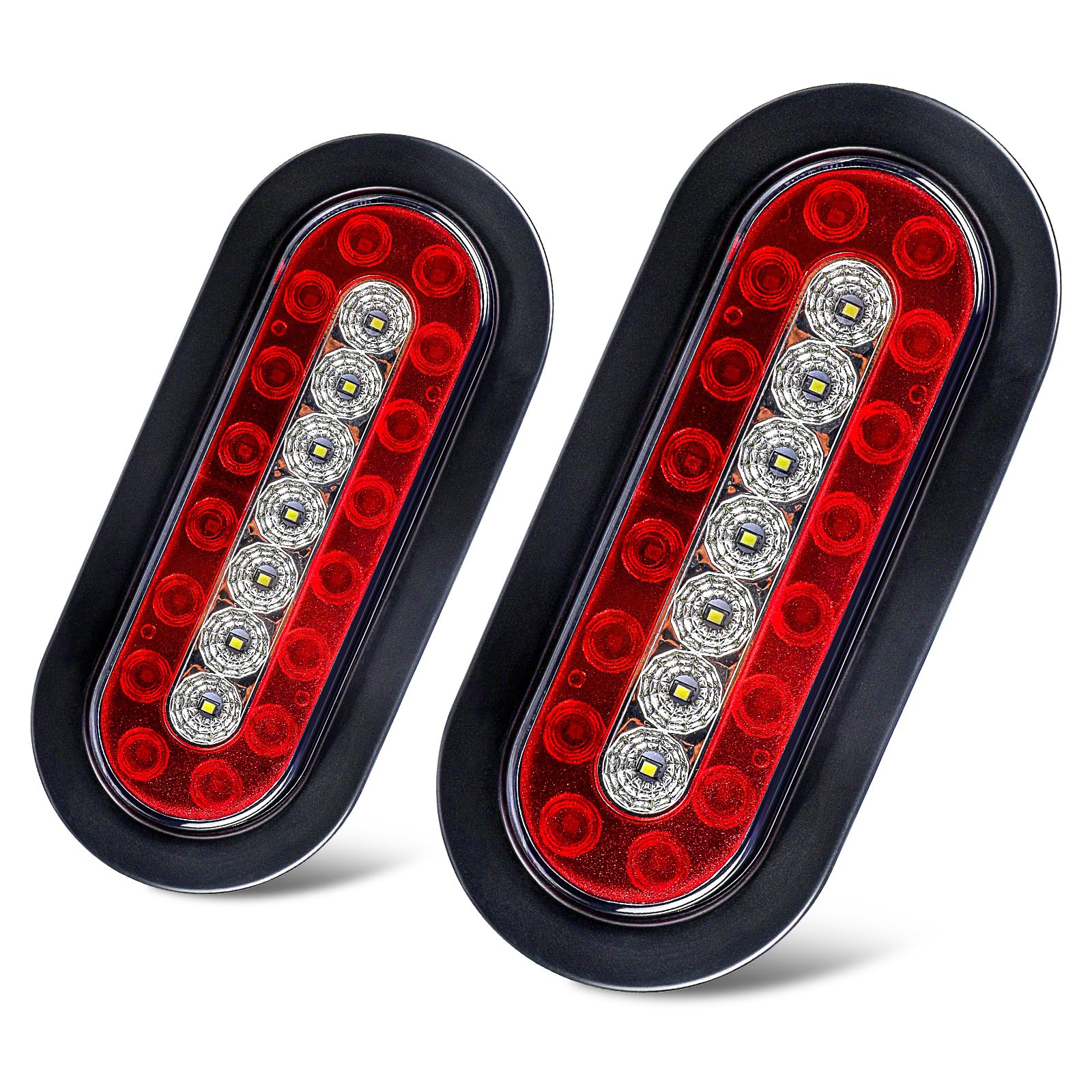 2 Pcs 6.3 Inch Oval LED Trailer Tail Lights Stop Brake Lights, 23 Leds Oval 6" Red and White Backup Reverse Lights, Flush Mount w/Rubber Grommets 3-Prong Wire Pigtails Sealed Waterproof