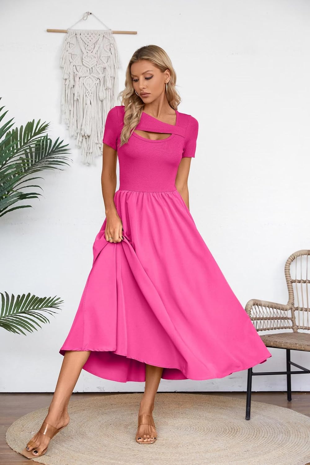 VICHYIE Womens Summer Dresses Cutout One Piece Ribbed Maxi Short Sleeve Casual Flowy A-Line Long Midi Dress - Image 4