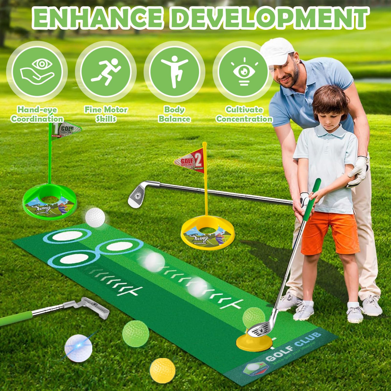 Lot de 18 Mini Golf pour Enfants, Golf Enfant Intérieur Extérieur, 3 Clubs Colorés, 8 Balles, Tapis de Putting Rose
