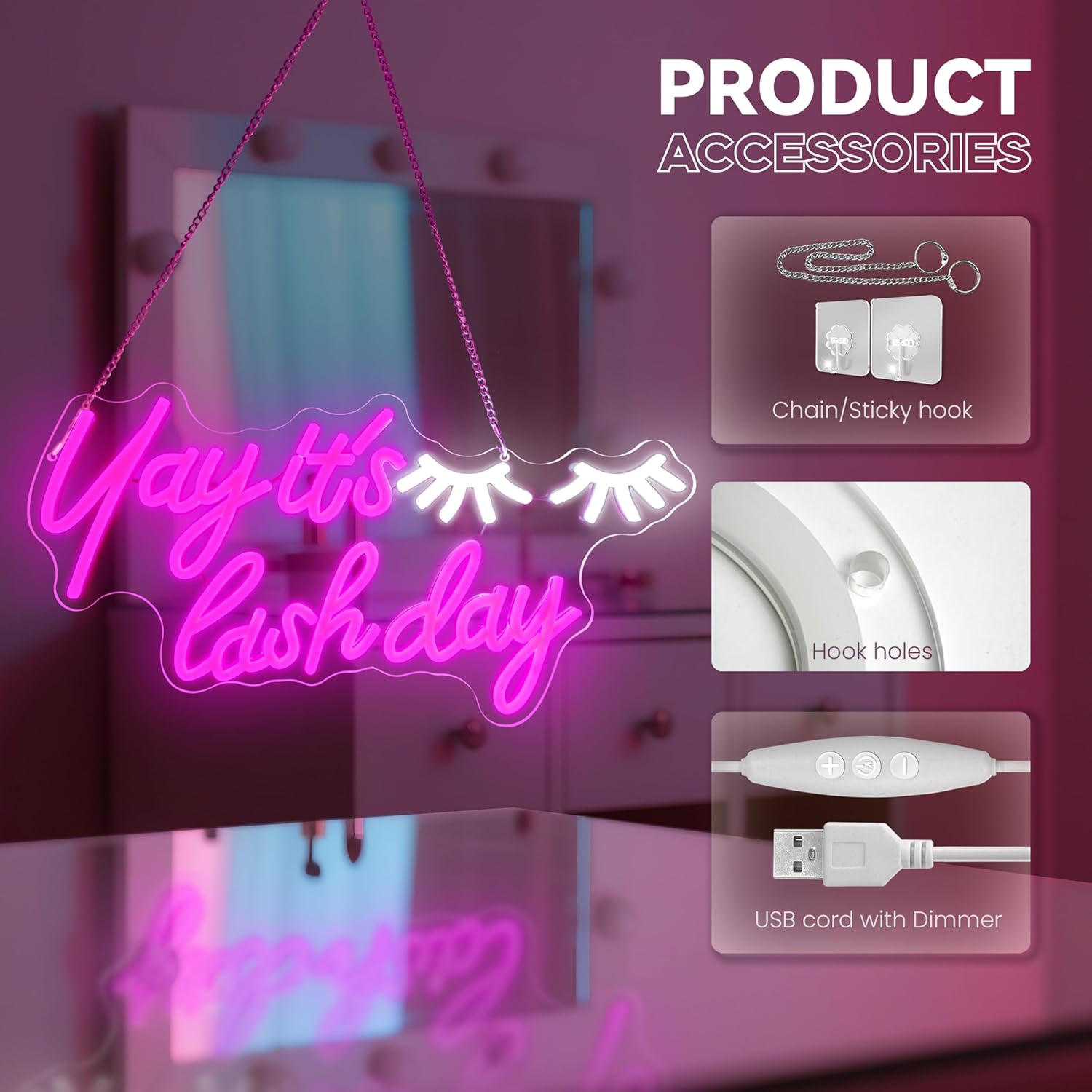 Yay It's Lash Day Neon Sign, Lash Neon Signs for Wall Decor, Dimmable Acrylic Neon Lights for Lash Salon Lash Room Beauty Room Nails Hair Bar Bedroom, Perfect Gifts - Image 4