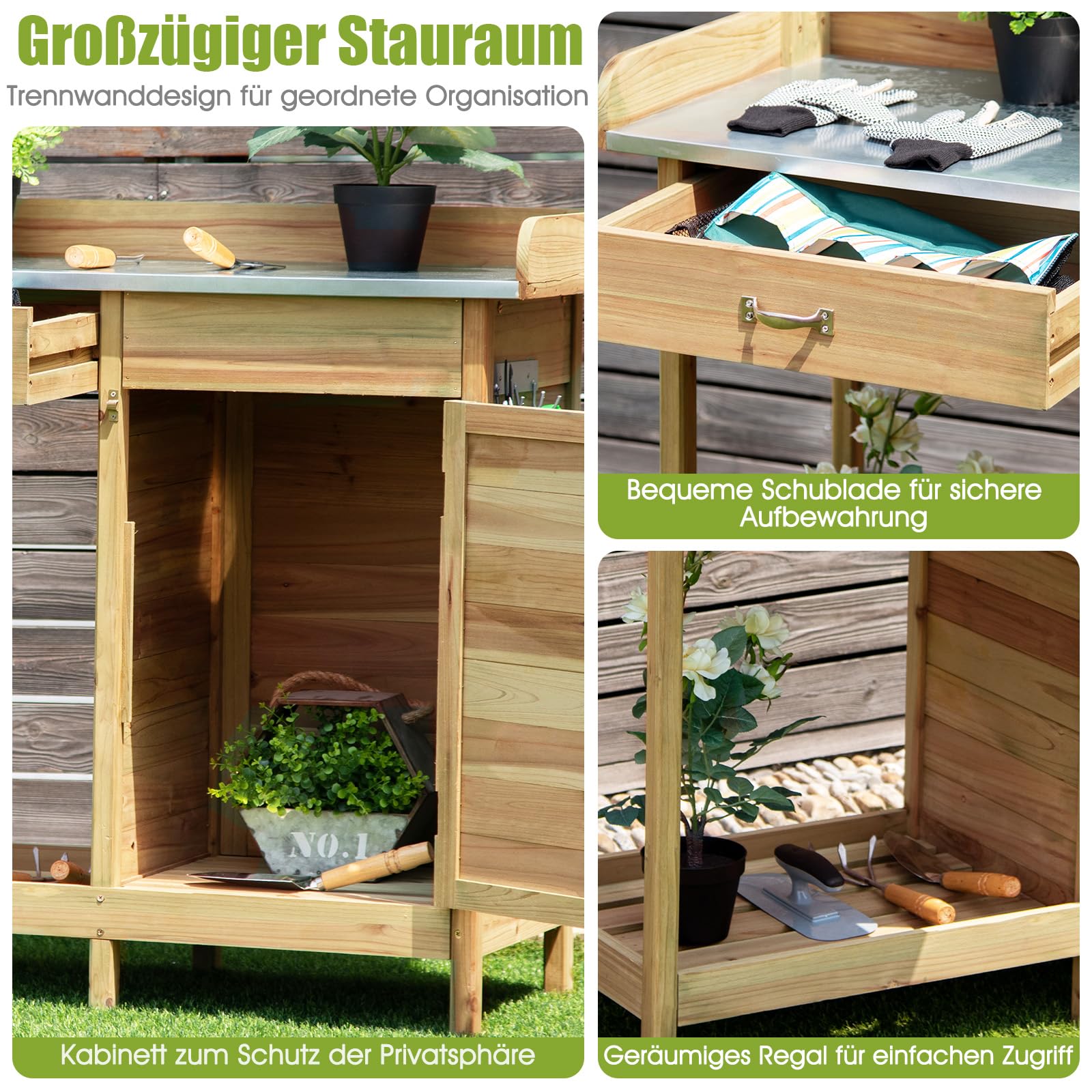 RELAX4LIFE Pflanztisch, Gartenarbeitstisch mit verzinkt Arbeitsplatte, Gärtnertisch aus Holz, Blumentisch mit 3 Haken, Schubladen, Unterschrank und offenem Regal, Gartentisch Wetterfest, 112x46x125 cm